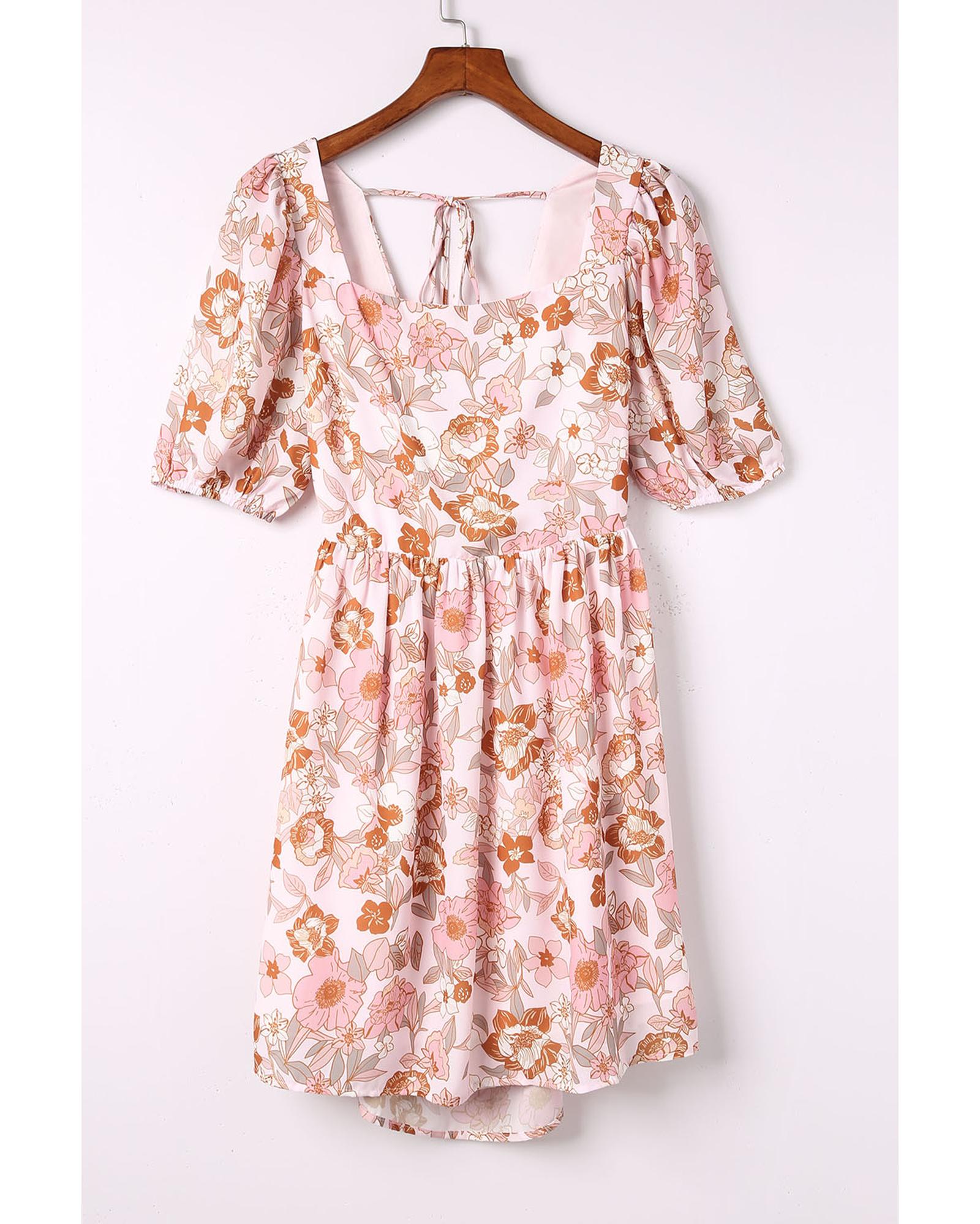 White Floral Print Bow Knot Backless Square Neck Mini Dress - M 4