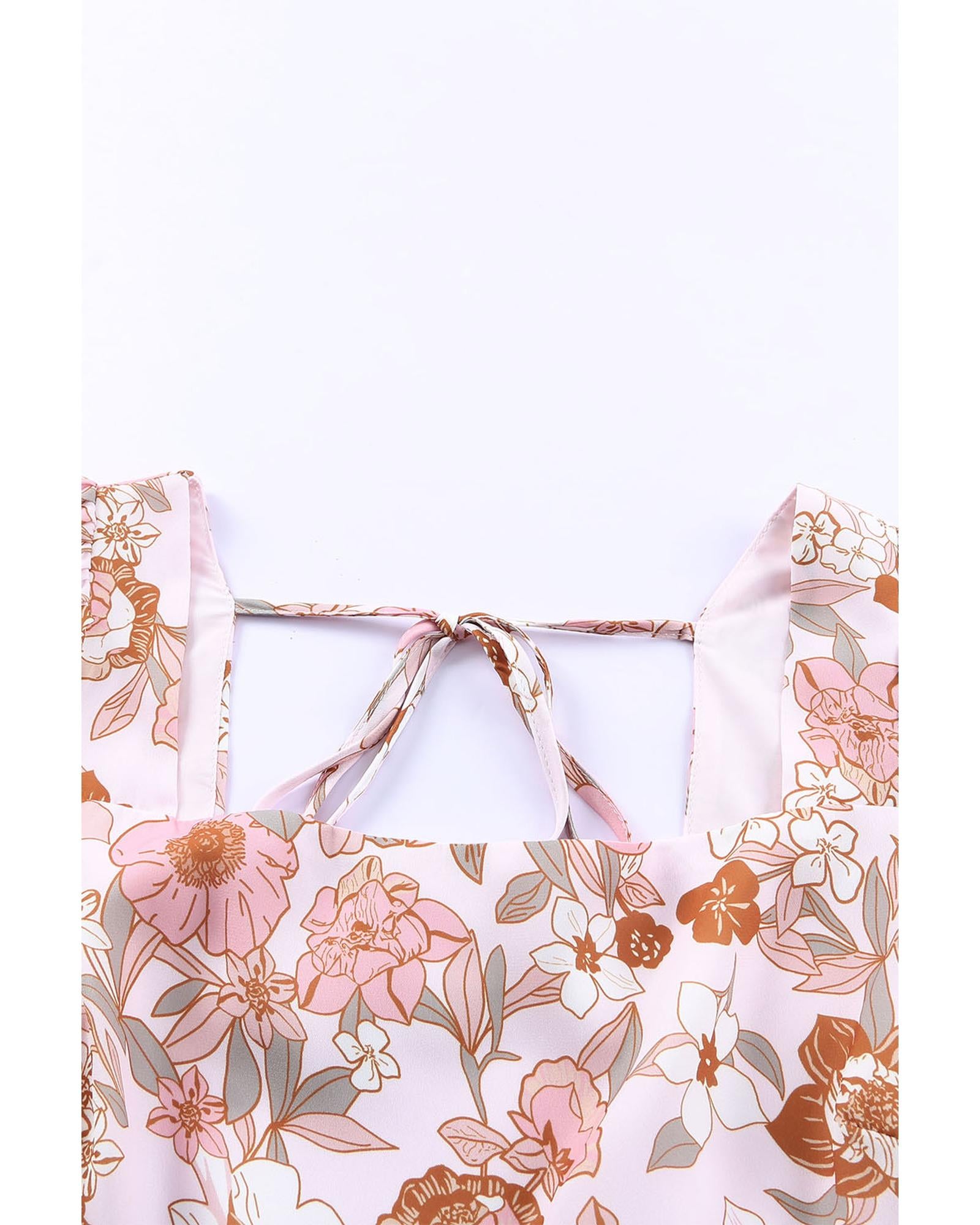 White Floral Print Bow Knot Backless Square Neck Mini Dress - S 5