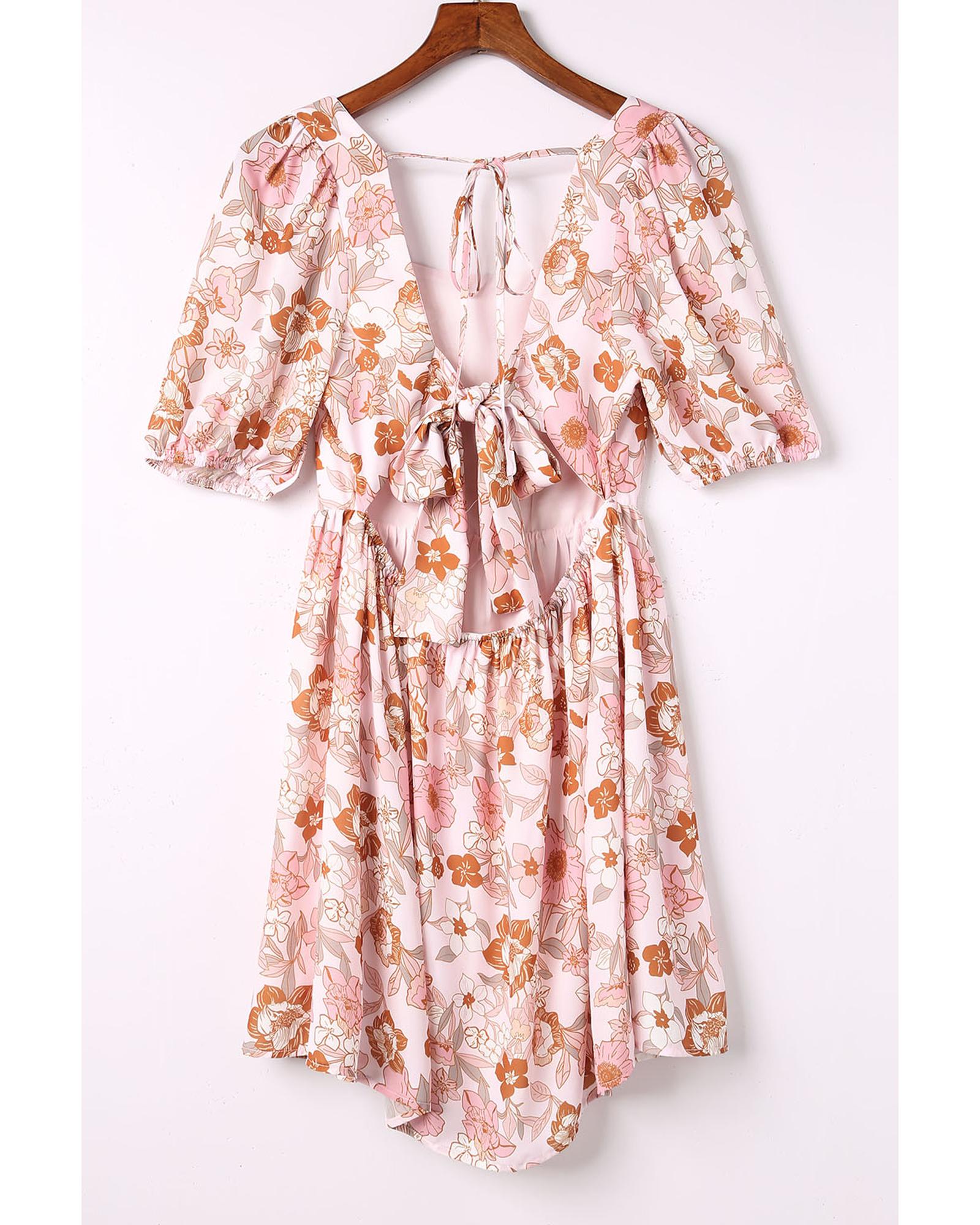 White Floral Print Bow Knot Backless Square Neck Mini Dress - XL 7