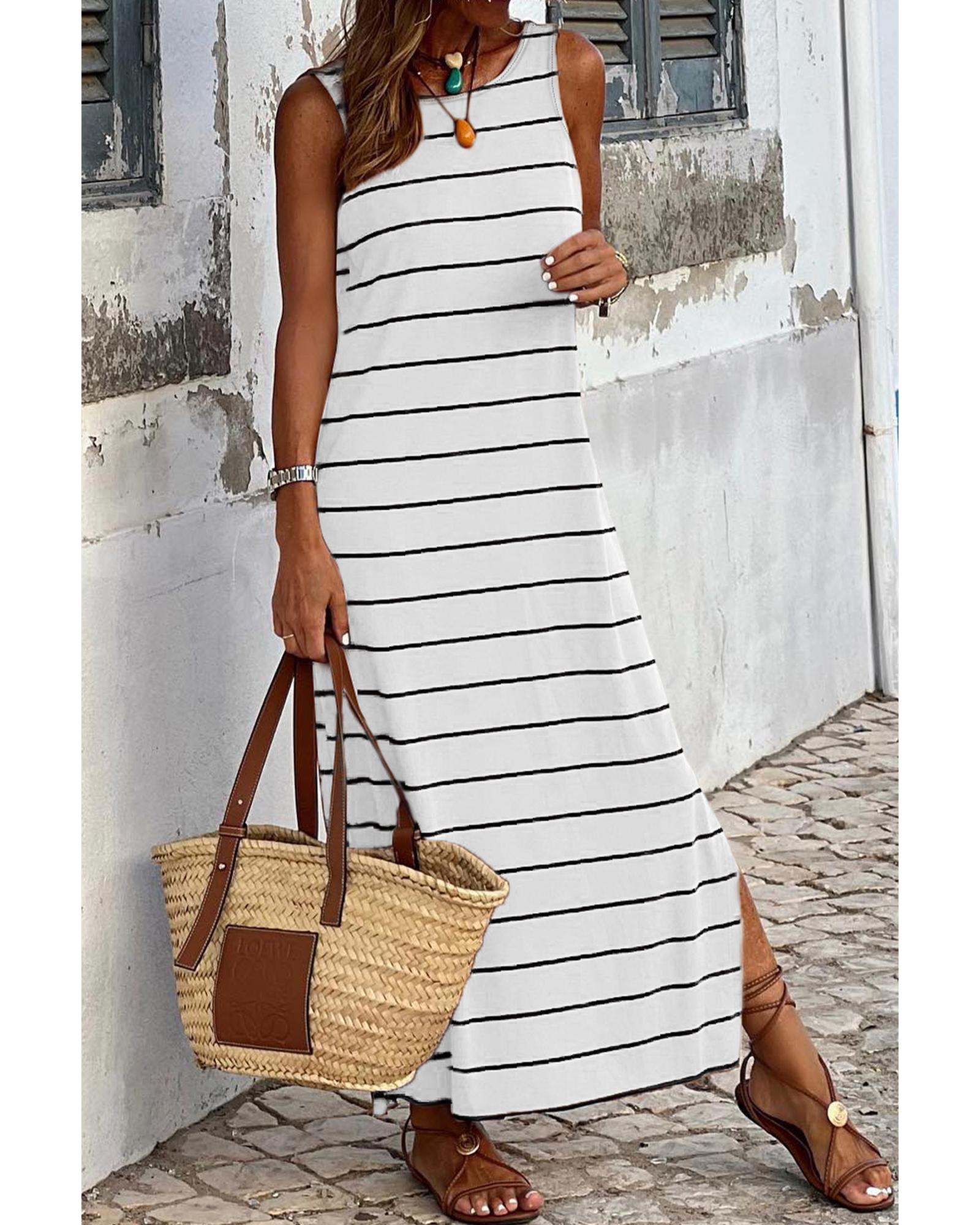 White Stripe Print Open Back Sleeveless Maxi Dress with Slits - XL 5
