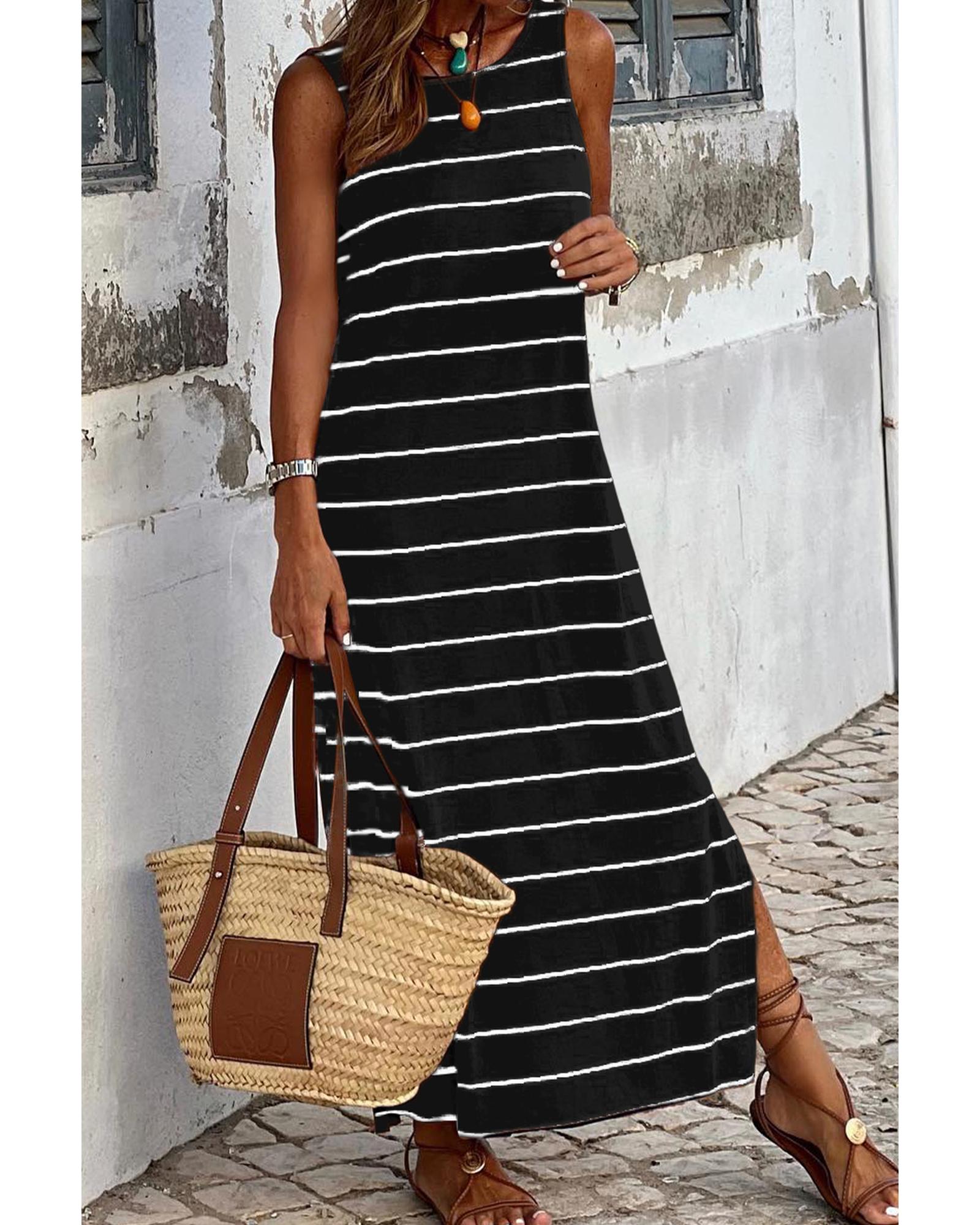 Black Stripe Print Open Back Sleeveless Maxi Dress with Slits - M