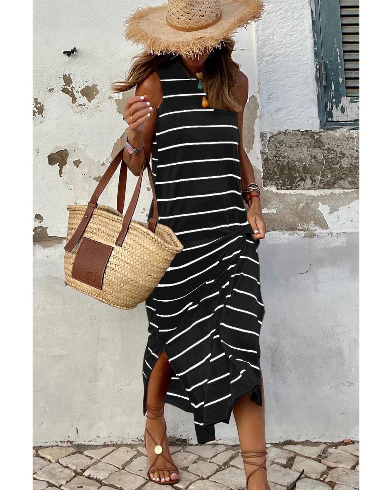 Black Stripe Print Open Back Sleeveless Maxi Dress with Slits - M 3