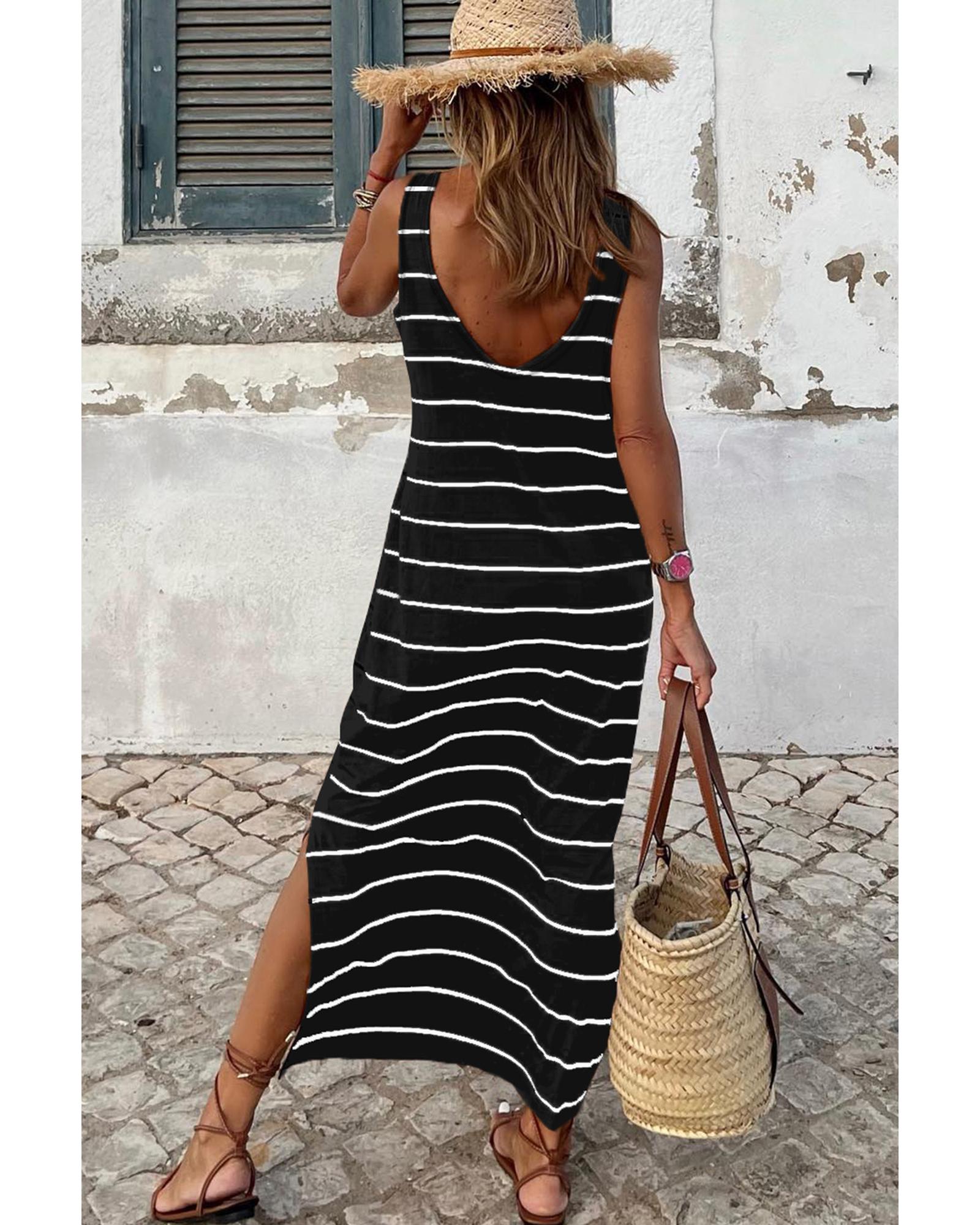 Black Stripe Print Open Back Sleeveless Maxi Dress with Slits - M 5