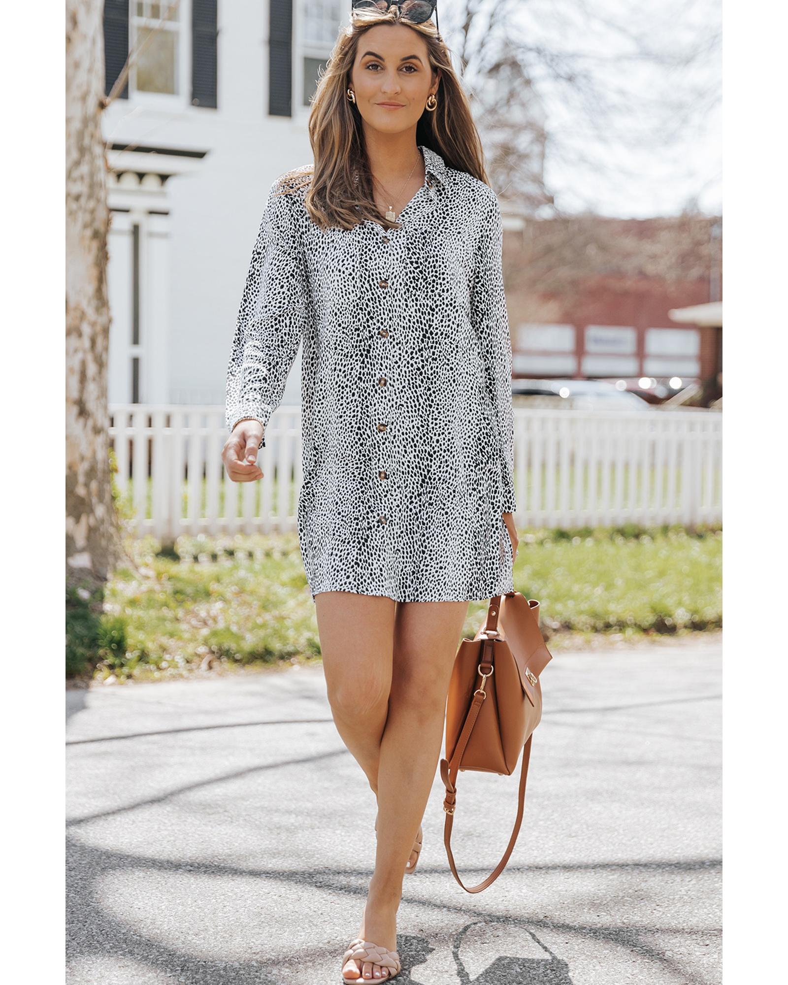 Long Sleeve Leopard Animal Print Shirt Dress - M 3