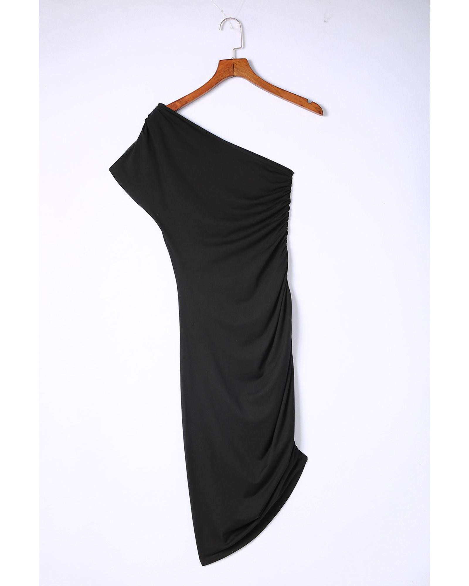 Black One-shoulder Short Sleeve Ruched Bodycon Dress - L 4