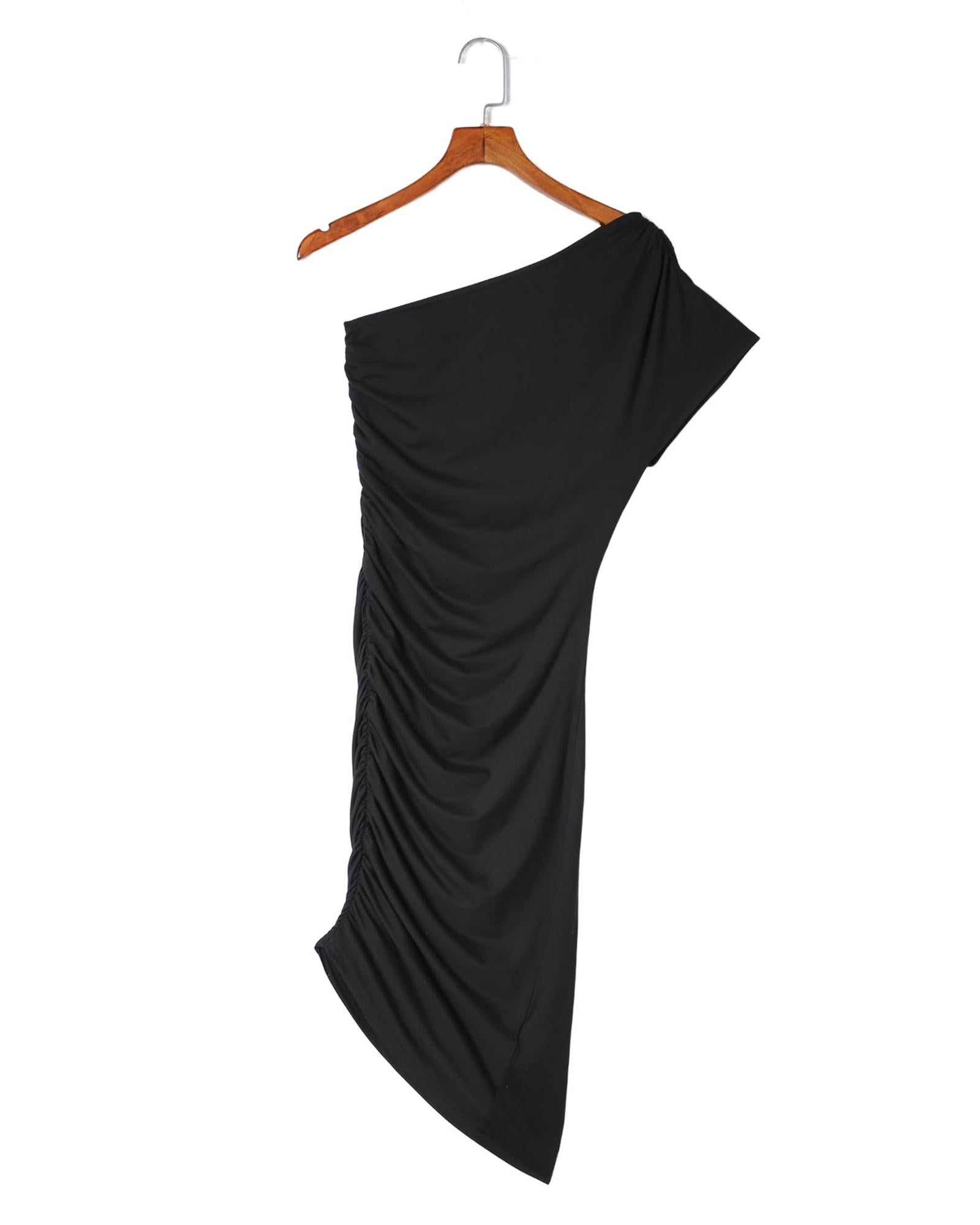 Black One-shoulder Short Sleeve Ruched Bodycon Dress - L 7