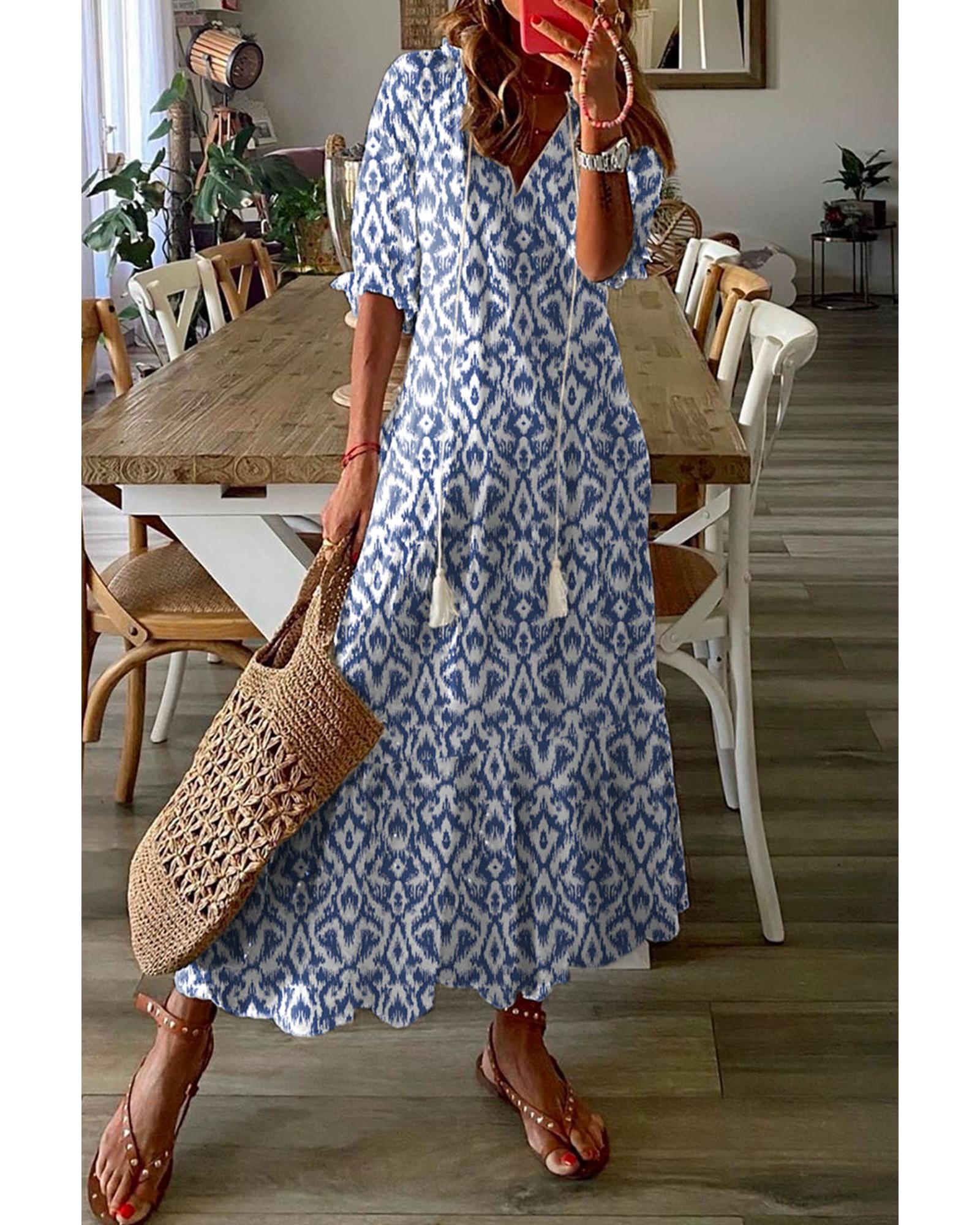 Azura Exchange Sky Blue V Neck Casual Geometric Print Maxi Dress - S
