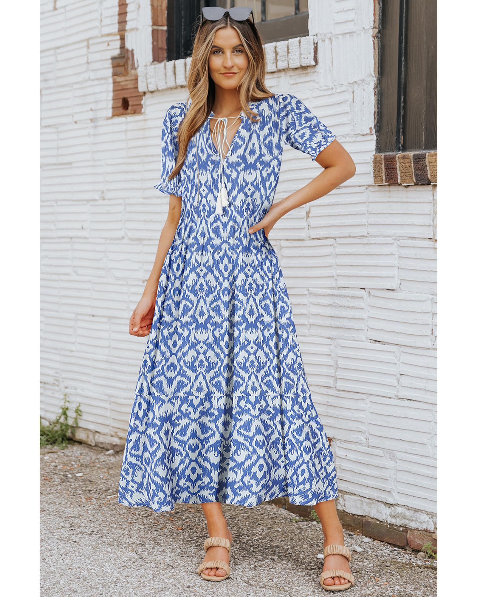 Azura Exchange Sky Blue V Neck Casual Geometric Print Maxi Dress - S