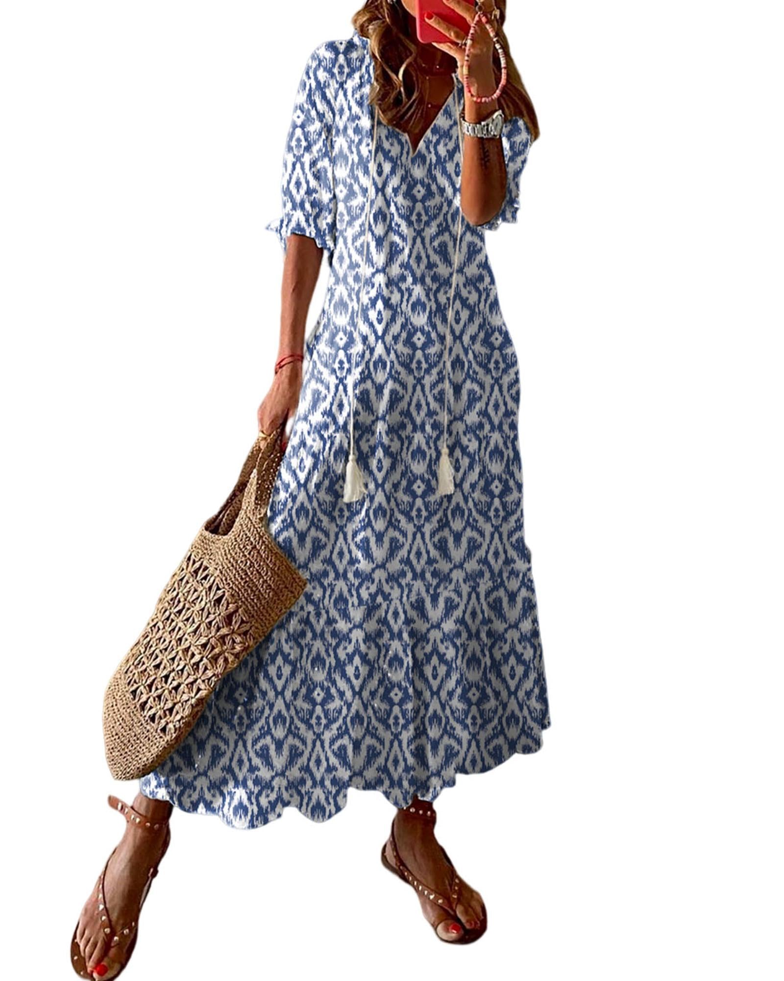 Azura Exchange Sky Blue V Neck Casual Geometric Print Maxi Dress - S 3
