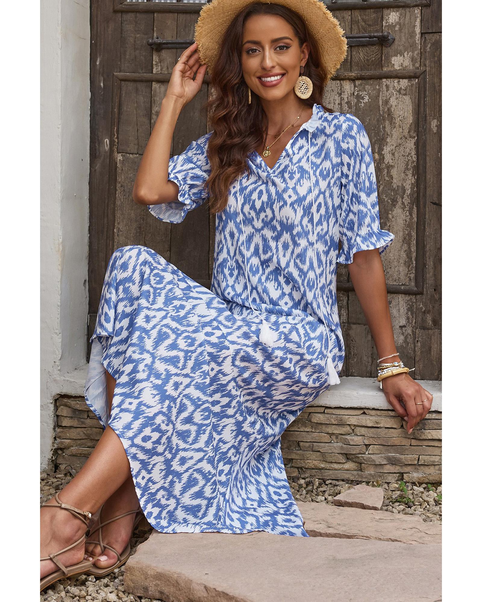 Azura Exchange Sky Blue V Neck Casual Geometric Print Maxi Dress - S 4