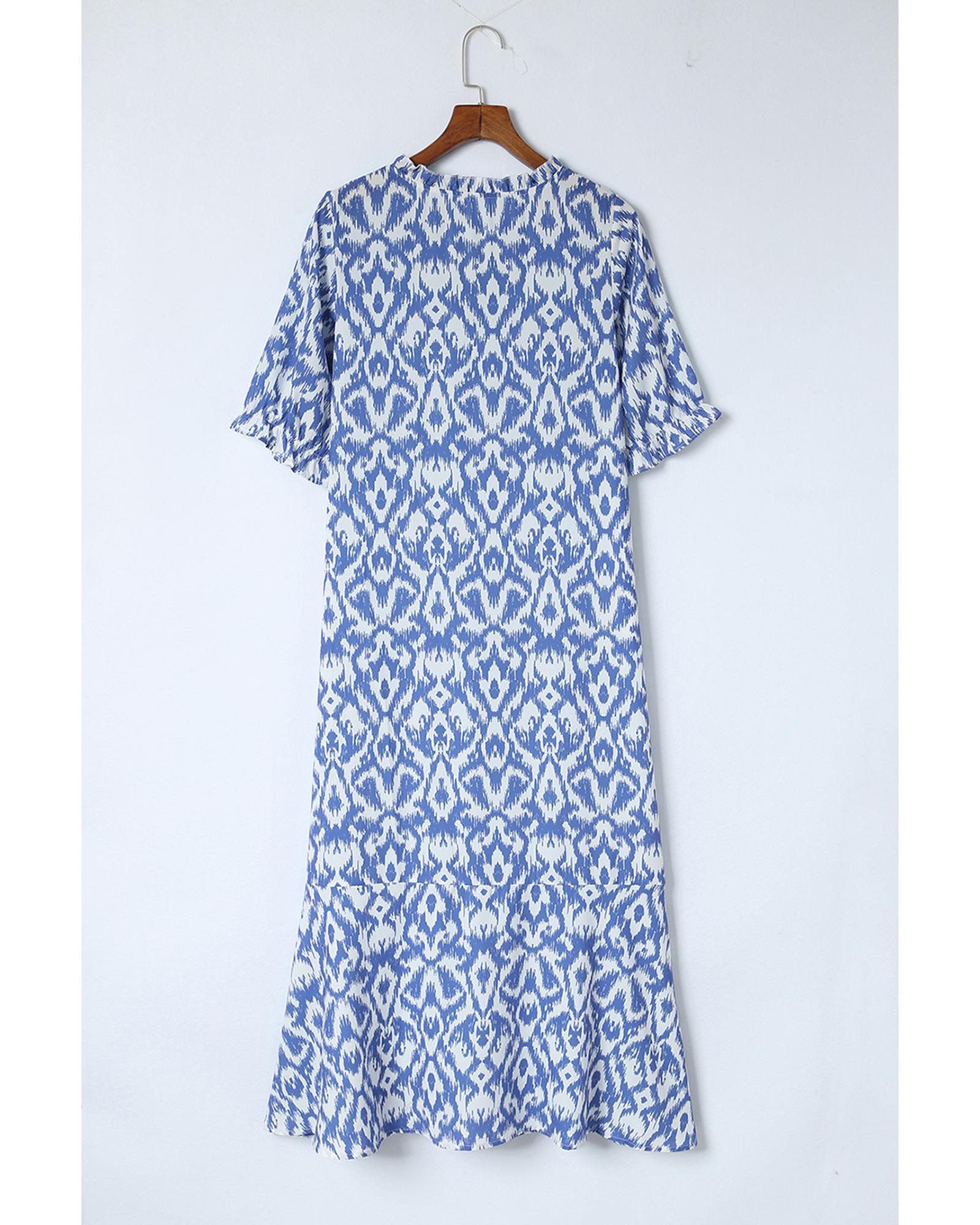 Azura Exchange Sky Blue V Neck Casual Geometric Print Maxi Dress - S 5