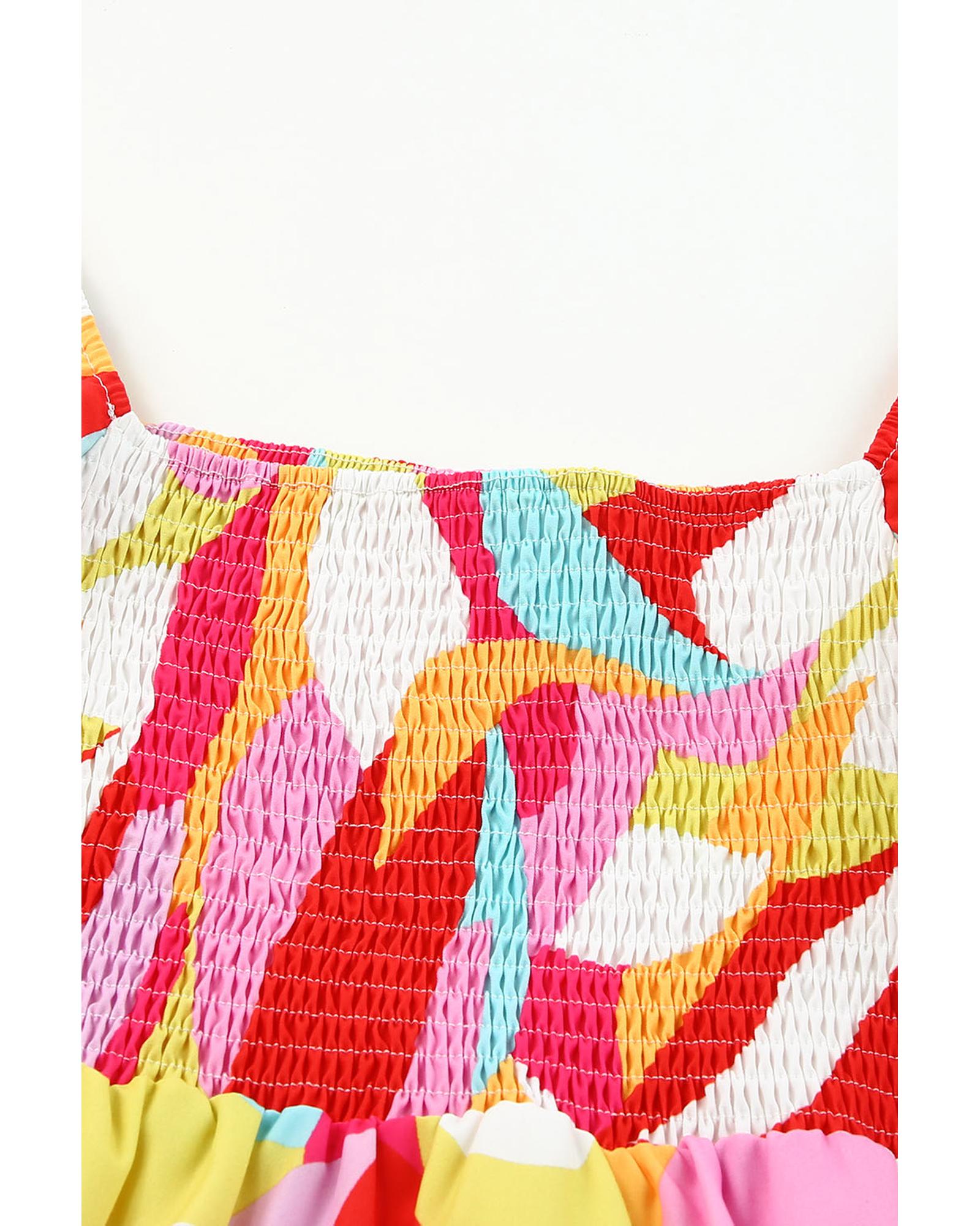 Multicolor Geometric Print Smocked Babydoll Mini Dress - M
