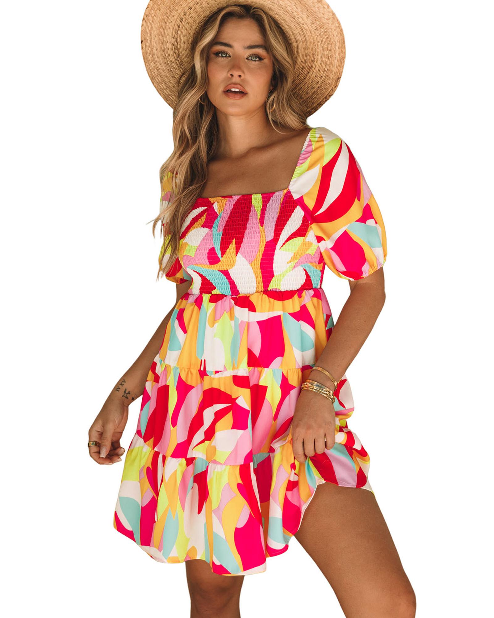 Multicolor Geometric Print Smocked Babydoll Mini Dress - S