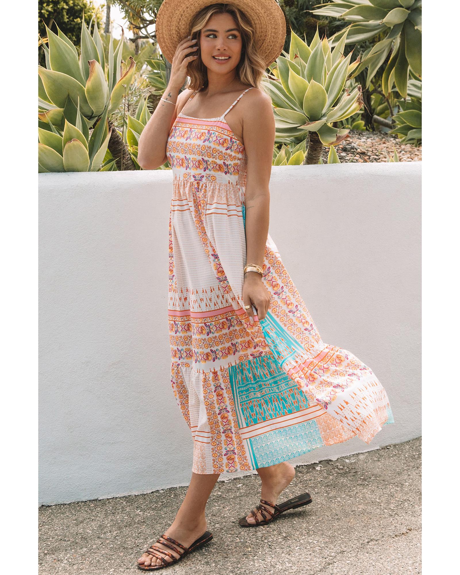 Multicolor Boho Patchwork Print Square Neck Sundress - L