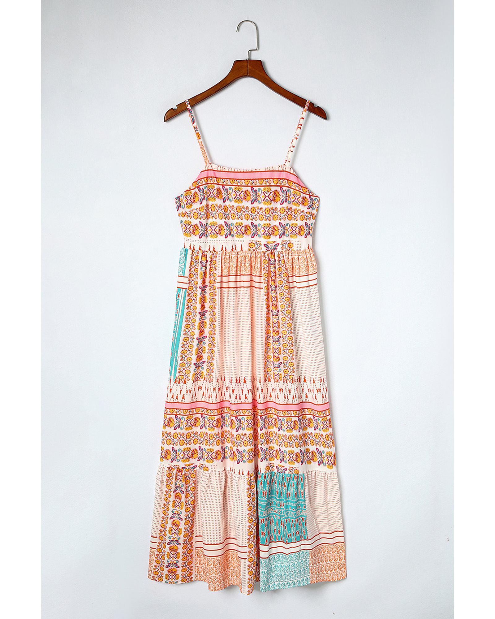 Multicolor Boho Patchwork Print Square Neck Sundress - L
