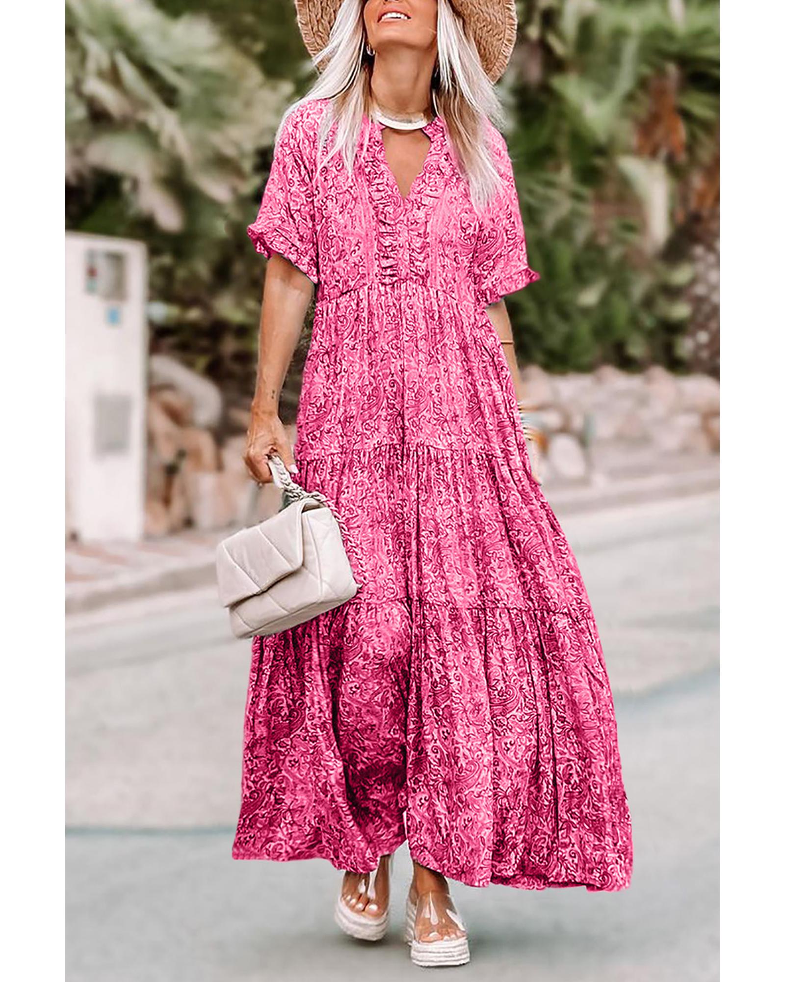 Pink Paisley Print Boho Holiday Ruffle Tiered Maxi Dress - L