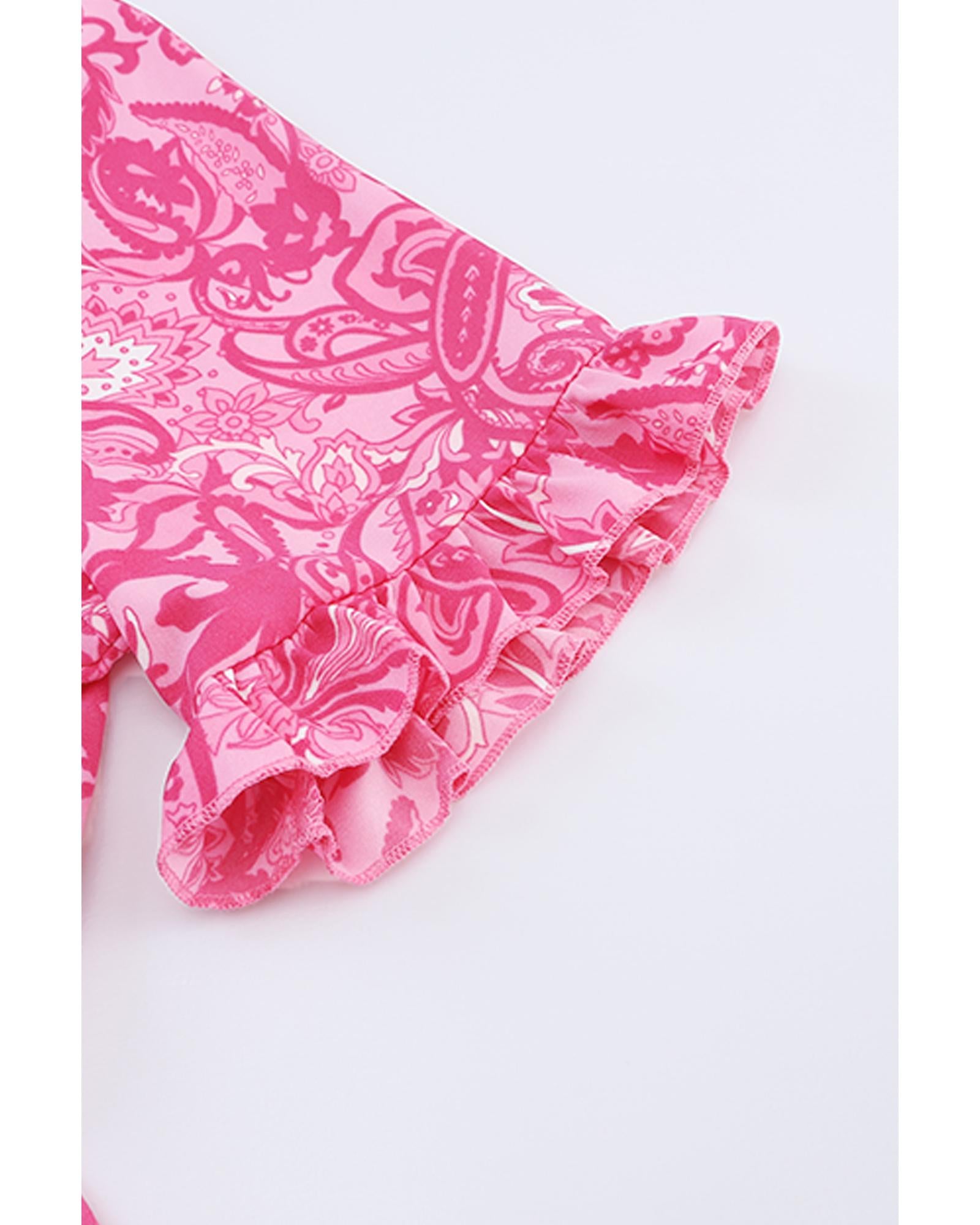 Pink Paisley Print Boho Holiday Ruffle Tiered Maxi Dress - L 3