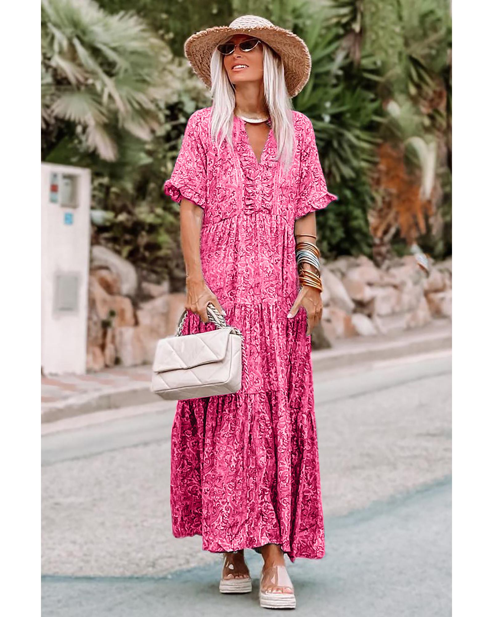 Pink Paisley Print Boho Holiday Ruffle Tiered Maxi Dress - XL