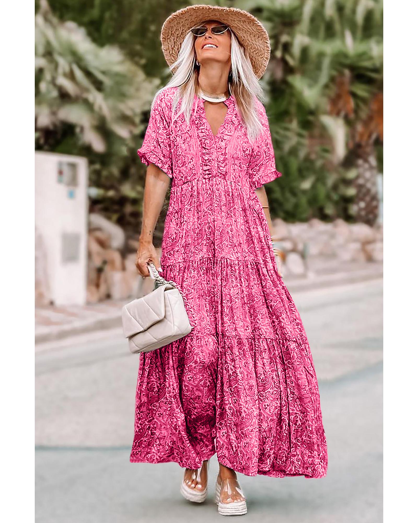 Pink Paisley Print Boho Holiday Ruffle Tiered Maxi Dress - XL 4