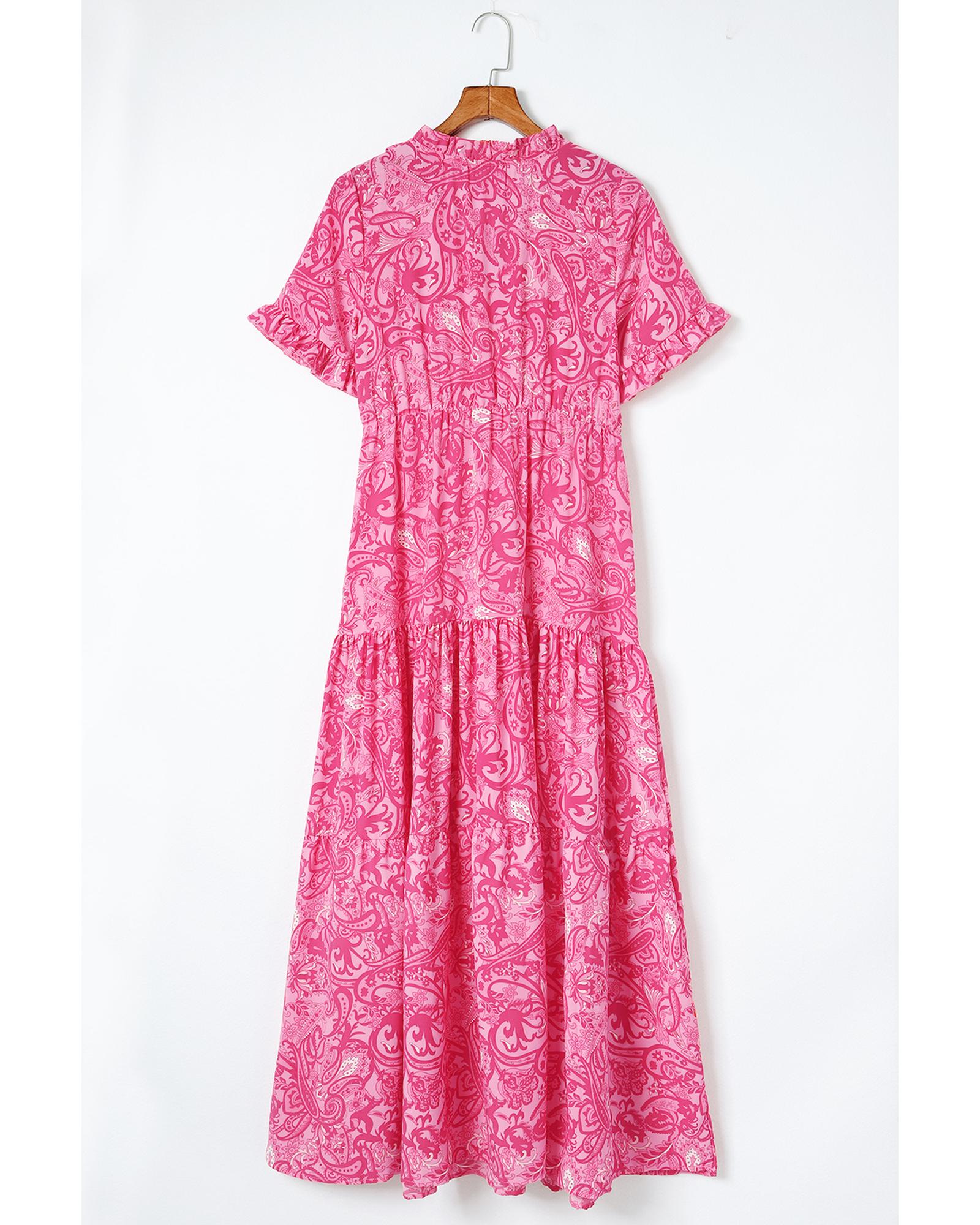 Pink Paisley Print Boho Holiday Ruffle Tiered Maxi Dress - XL 6