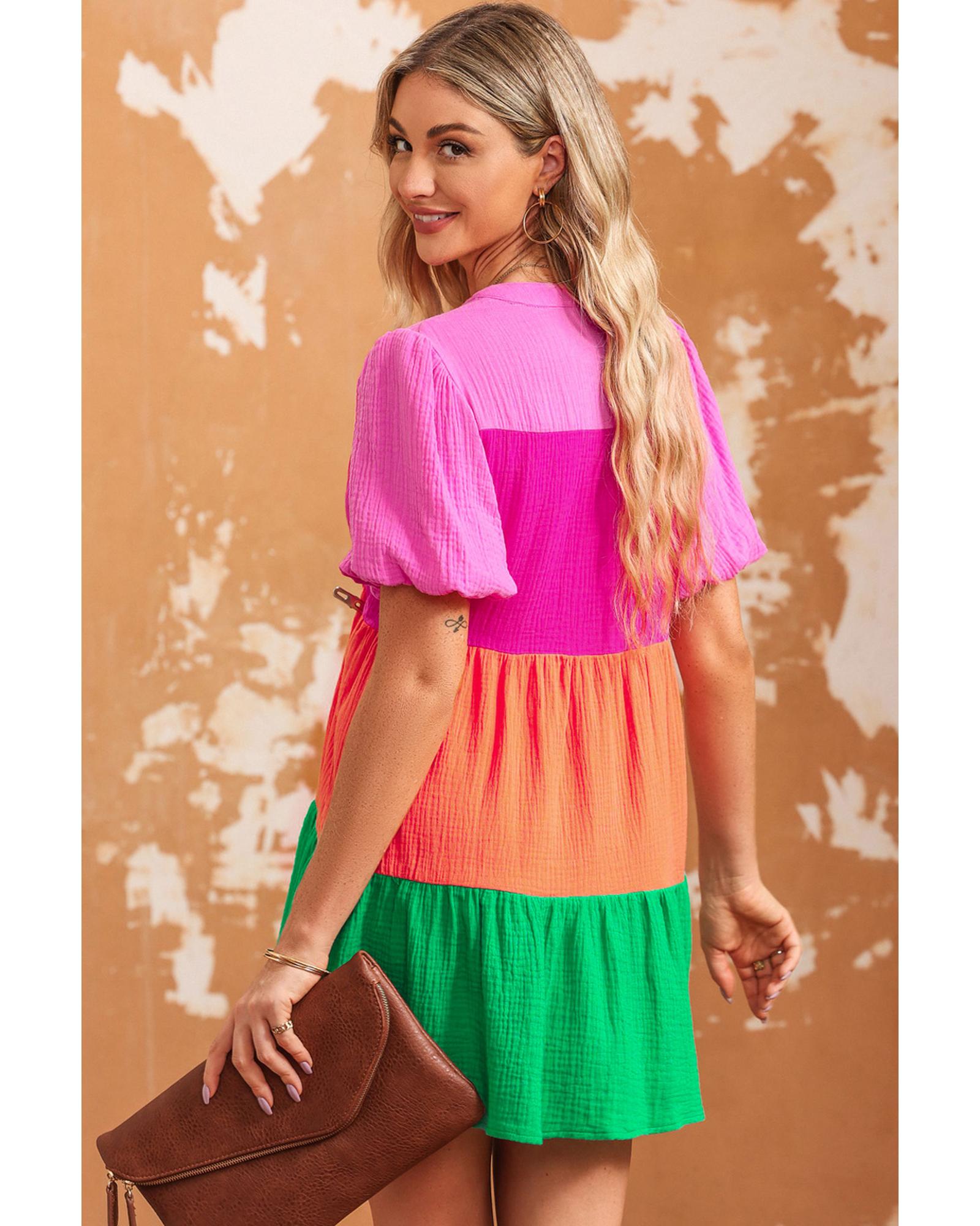 Multicolor Color Block Tiered Puff Sleeve Dress - S