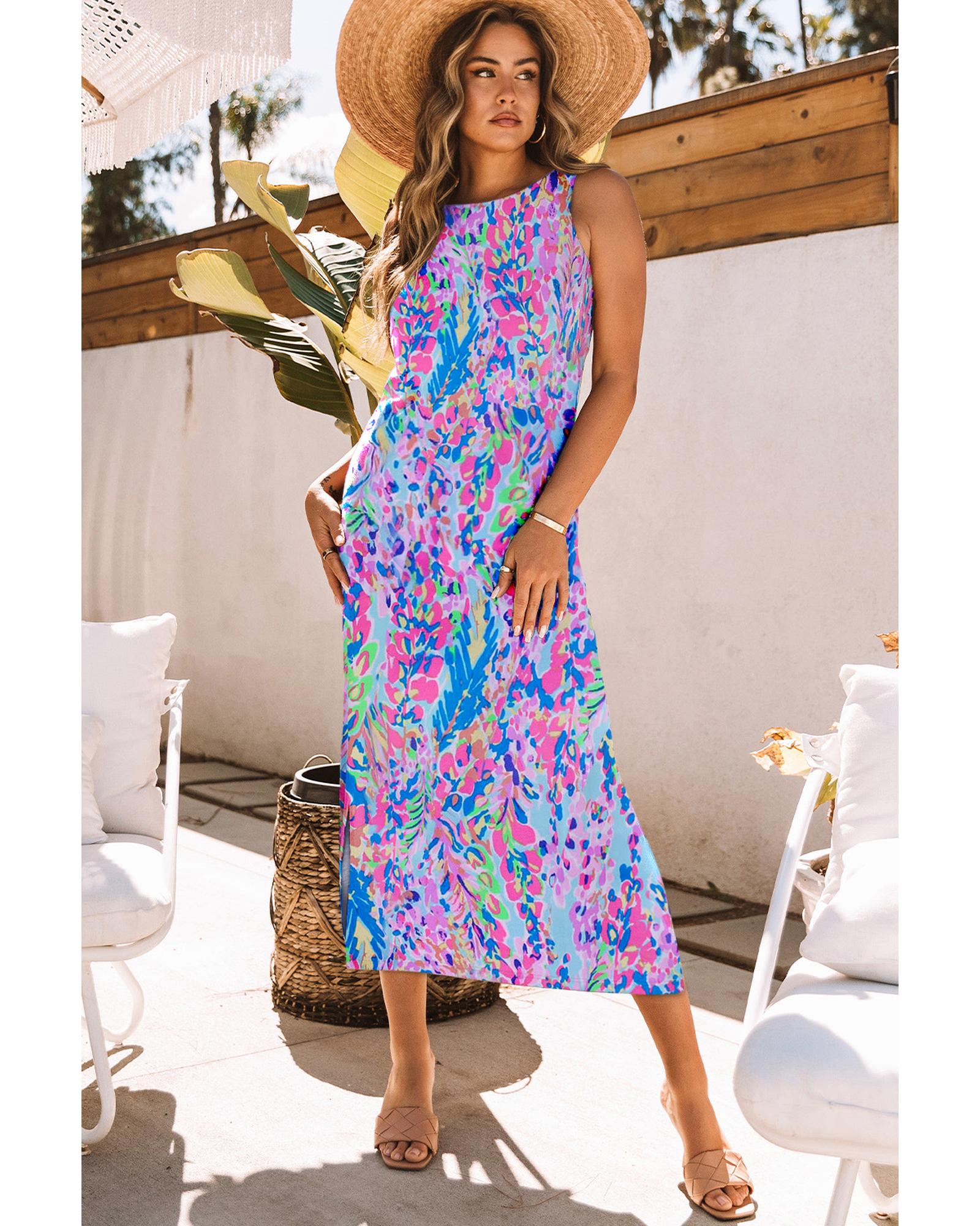Azura Exchange Purple Abstract Floral Print Sleeveless Maxi Dress - L