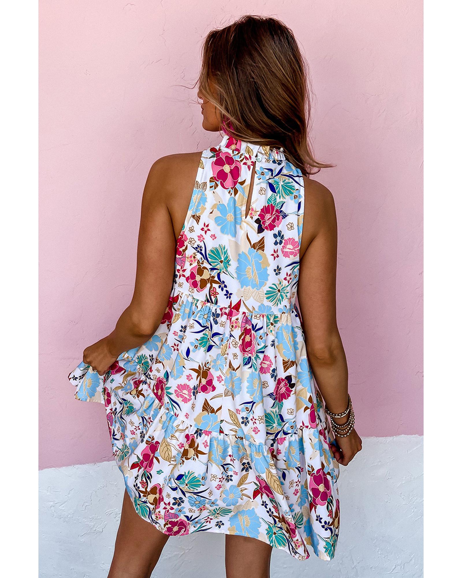 White Frill Mock Neck Sleeveless Tiered Floral Dress - L 5