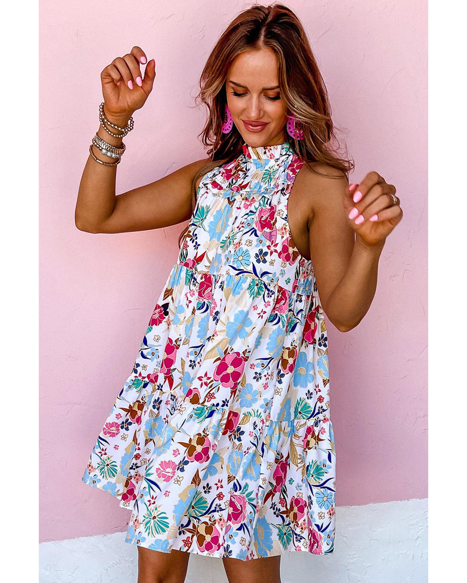 White Frill Mock Neck Sleeveless Tiered Floral Dress - XL