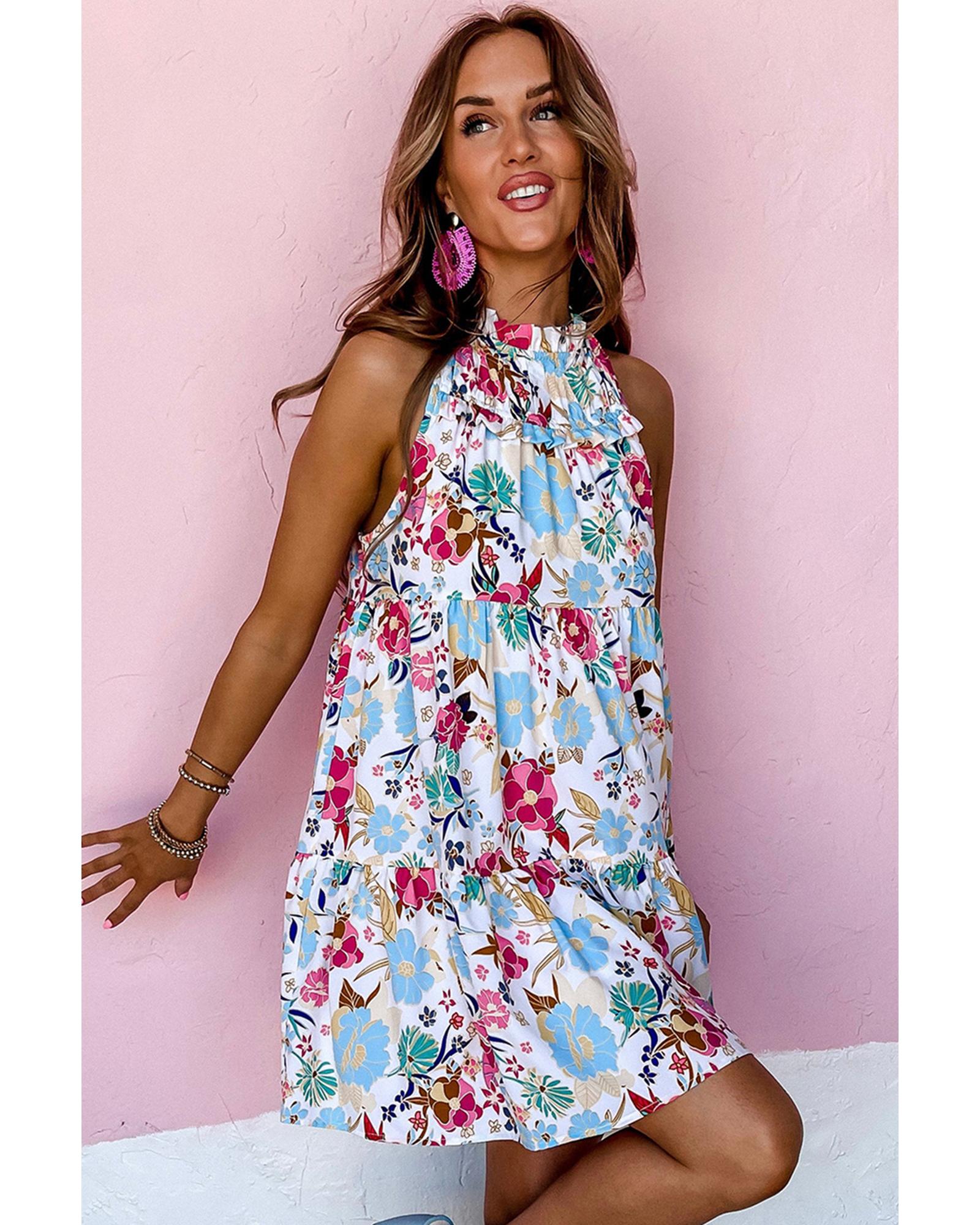 White Frill Mock Neck Sleeveless Tiered Floral Dress - XL 4