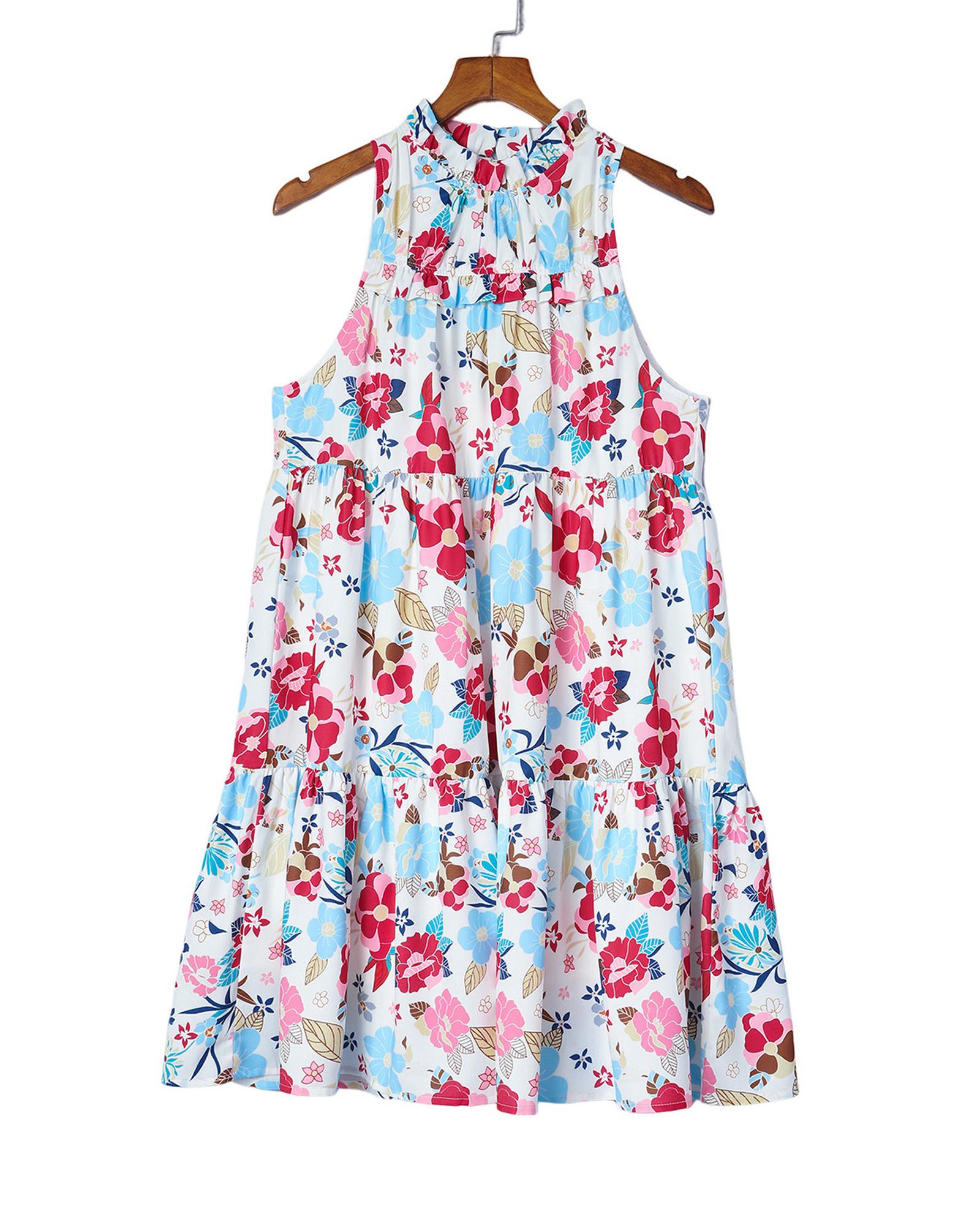 White Frill Mock Neck Sleeveless Tiered Floral Dress - XL 7