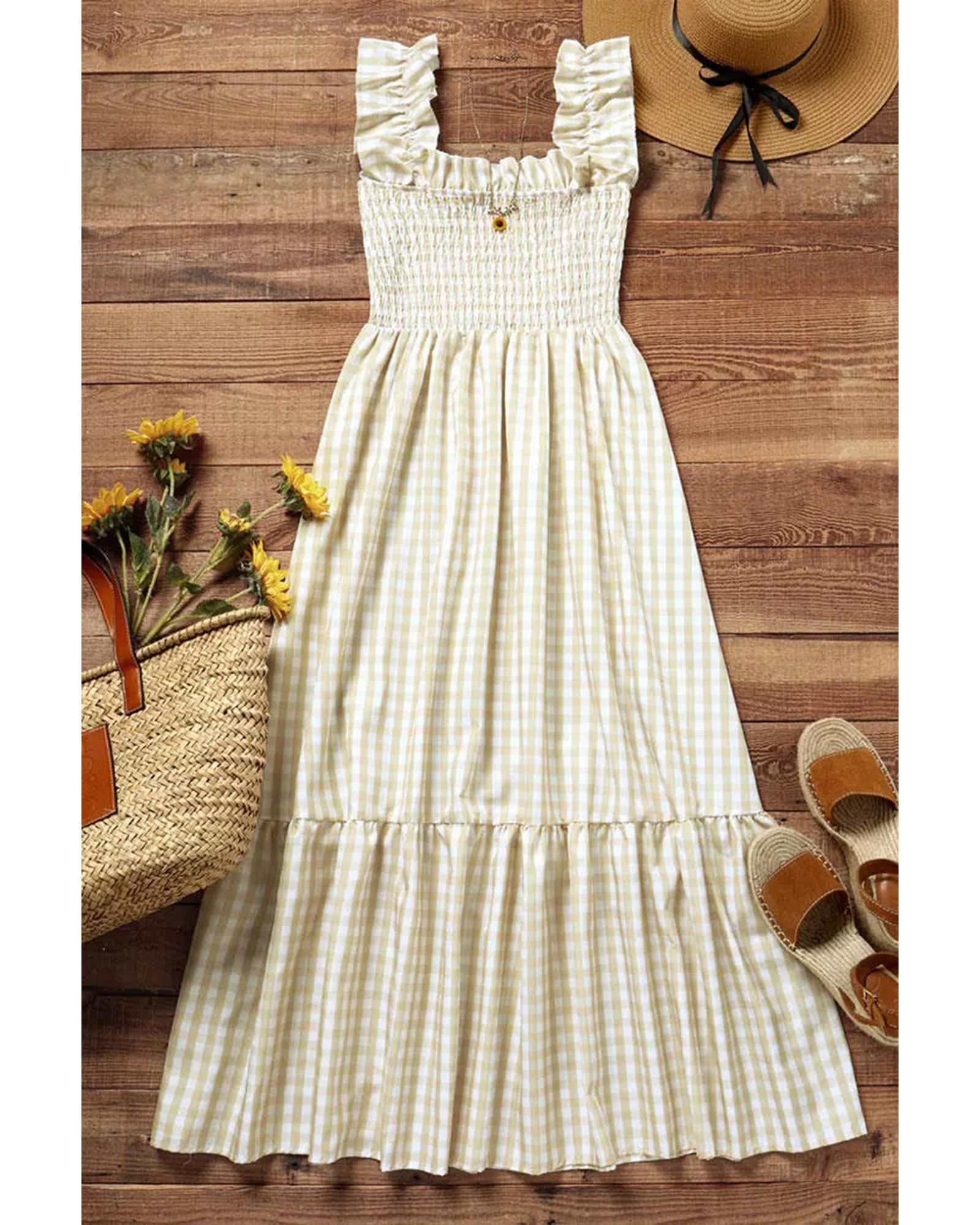 Khaki Plaid Ruffled Sleeve Smocked Maxi Dress - XL 4