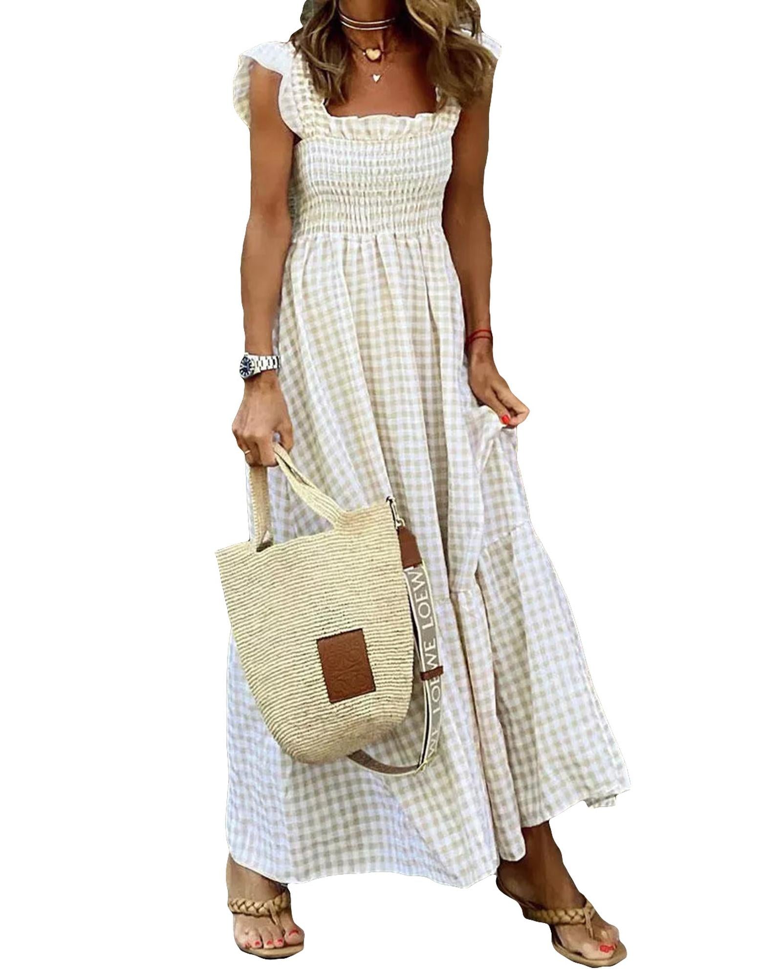 Khaki Plaid Ruffled Sleeve Smocked Maxi Dress - XL 5