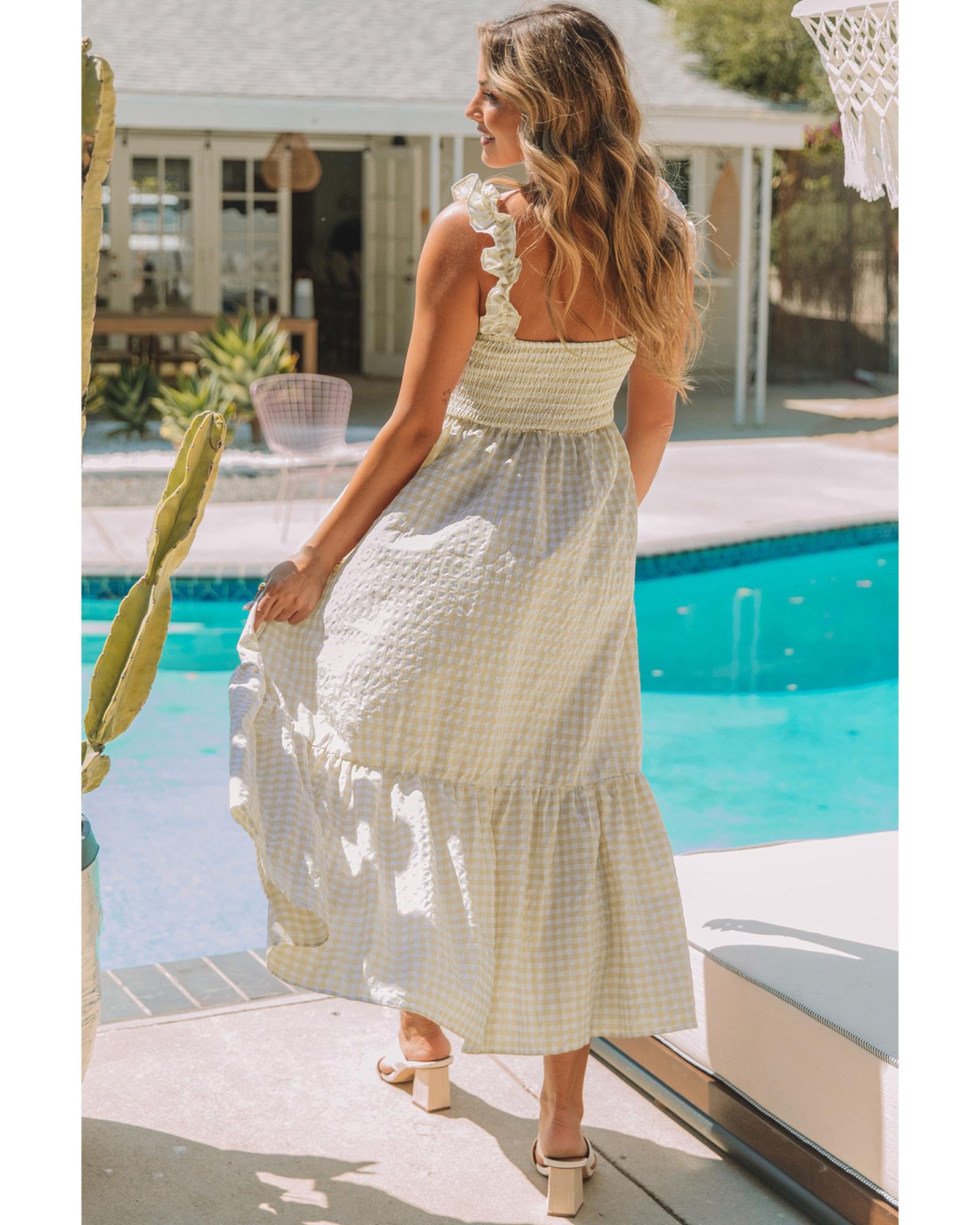 Khaki Plaid Ruffled Sleeve Smocked Maxi Dress - XL 6