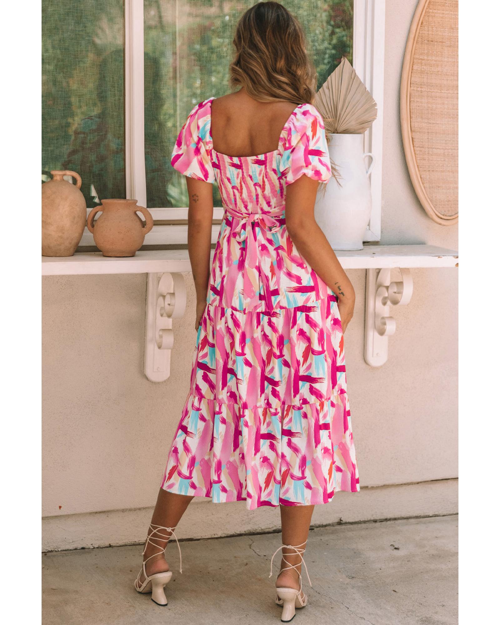 Pink Brush Stroke Printed Smocked Ruffle Tiered Dress - L