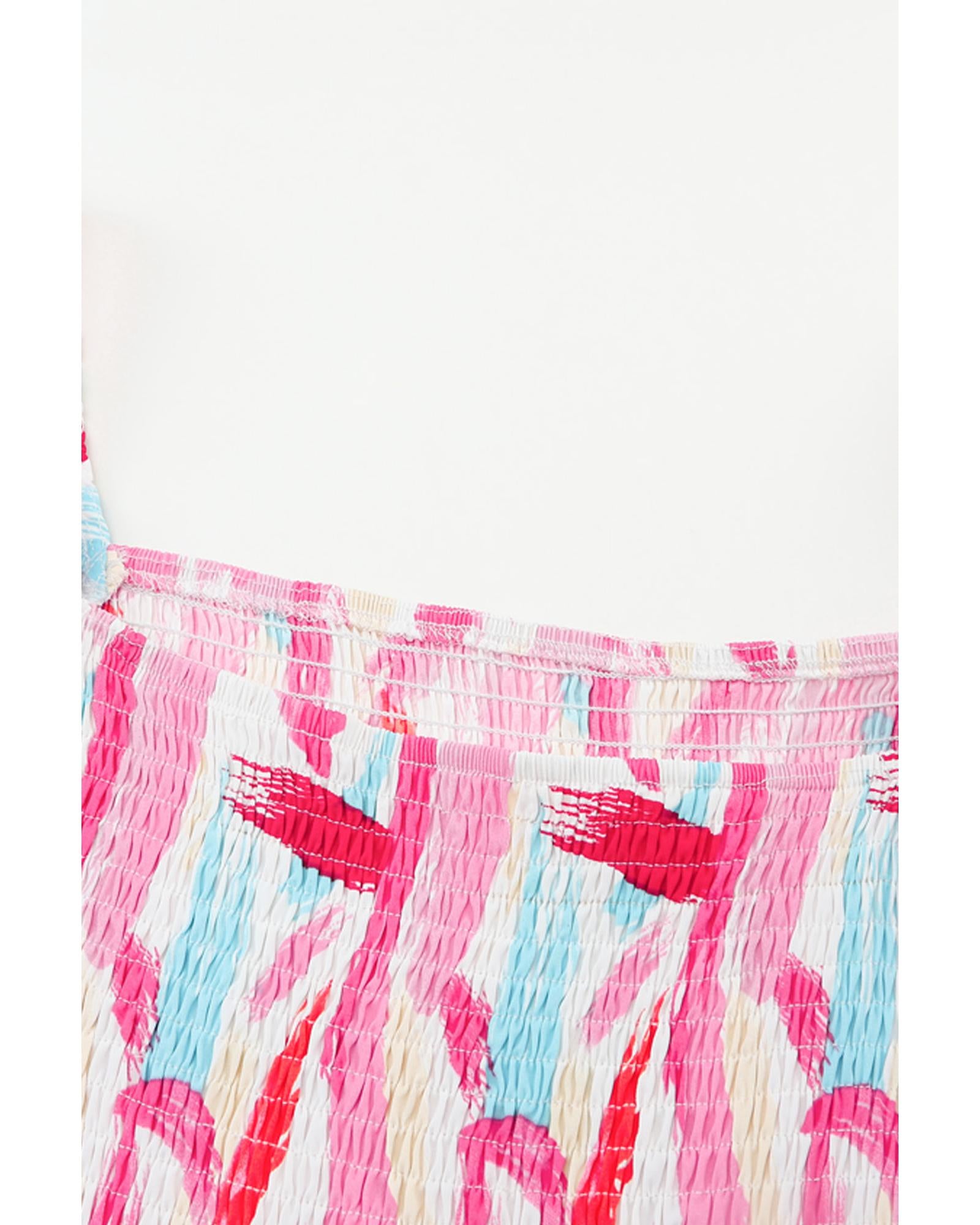 Pink Brush Stroke Printed Smocked Ruffle Tiered Dress - L 4