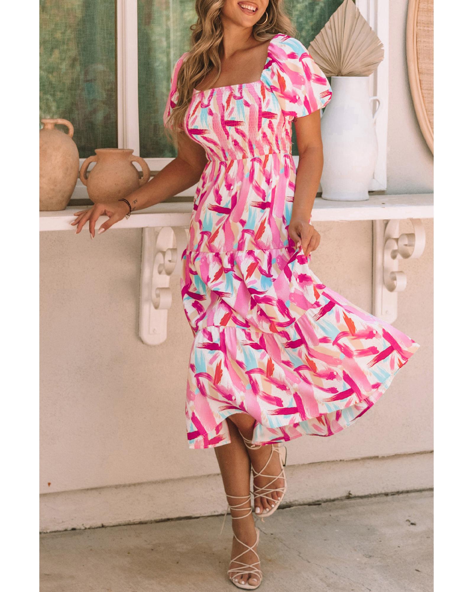 Pink Brush Stroke Printed Smocked Ruffle Tiered Dress - M