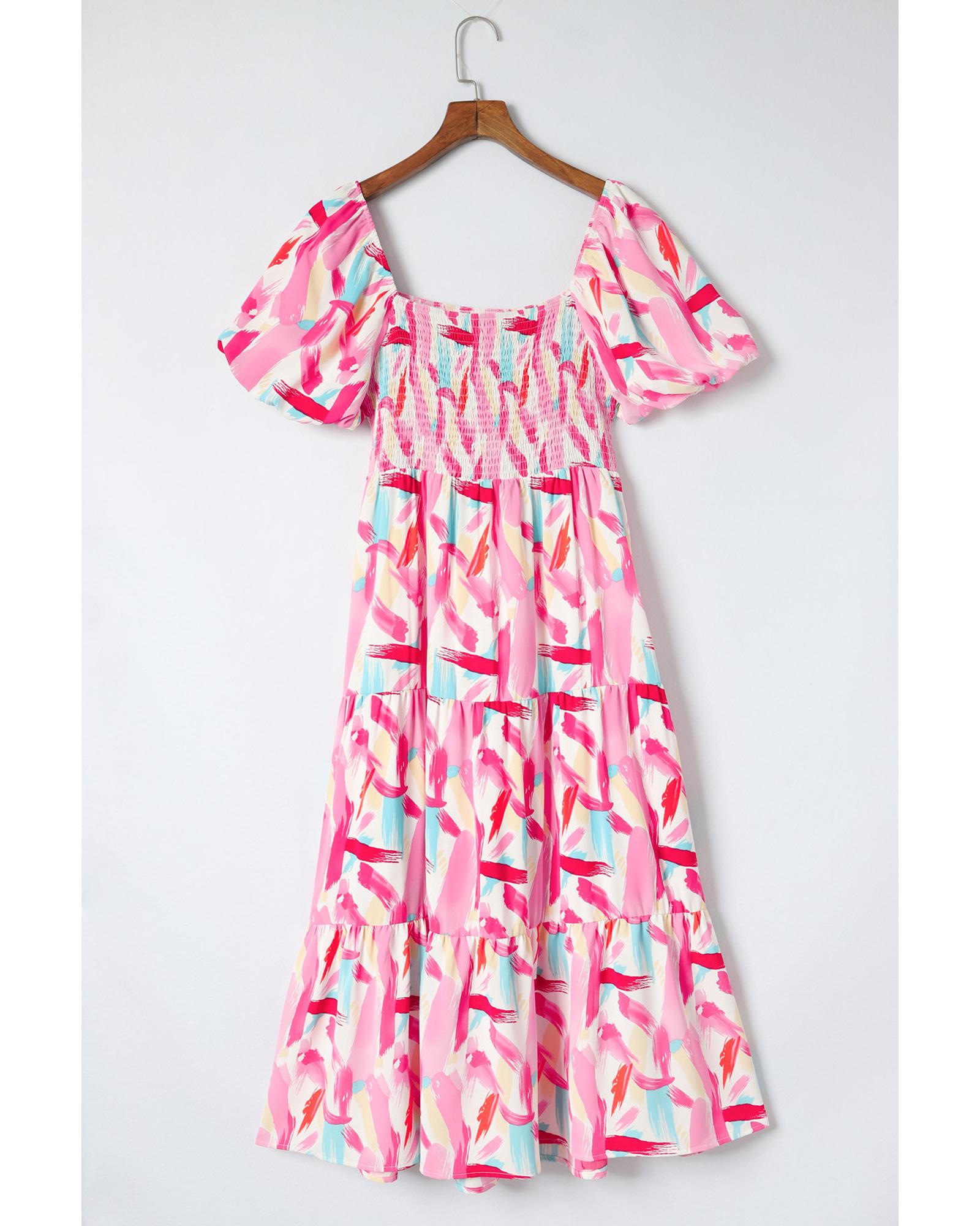 Pink Brush Stroke Printed Smocked Ruffle Tiered Dress - M 5