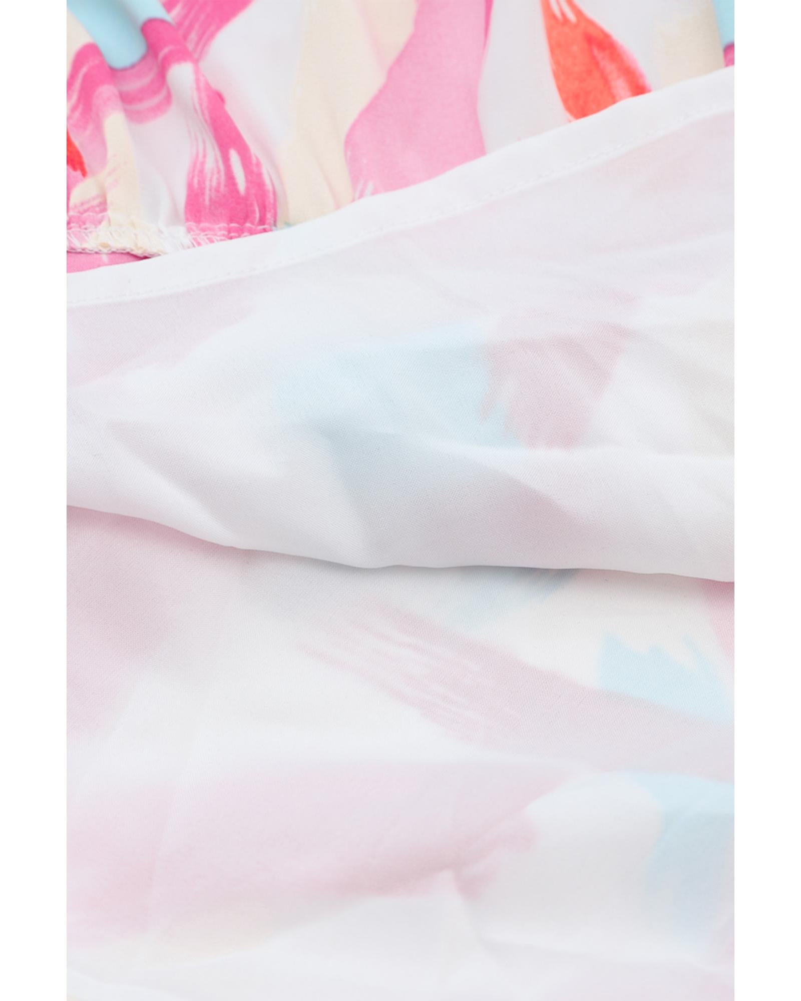 Pink Brush Stroke Printed Smocked Ruffle Tiered Dress - S 6