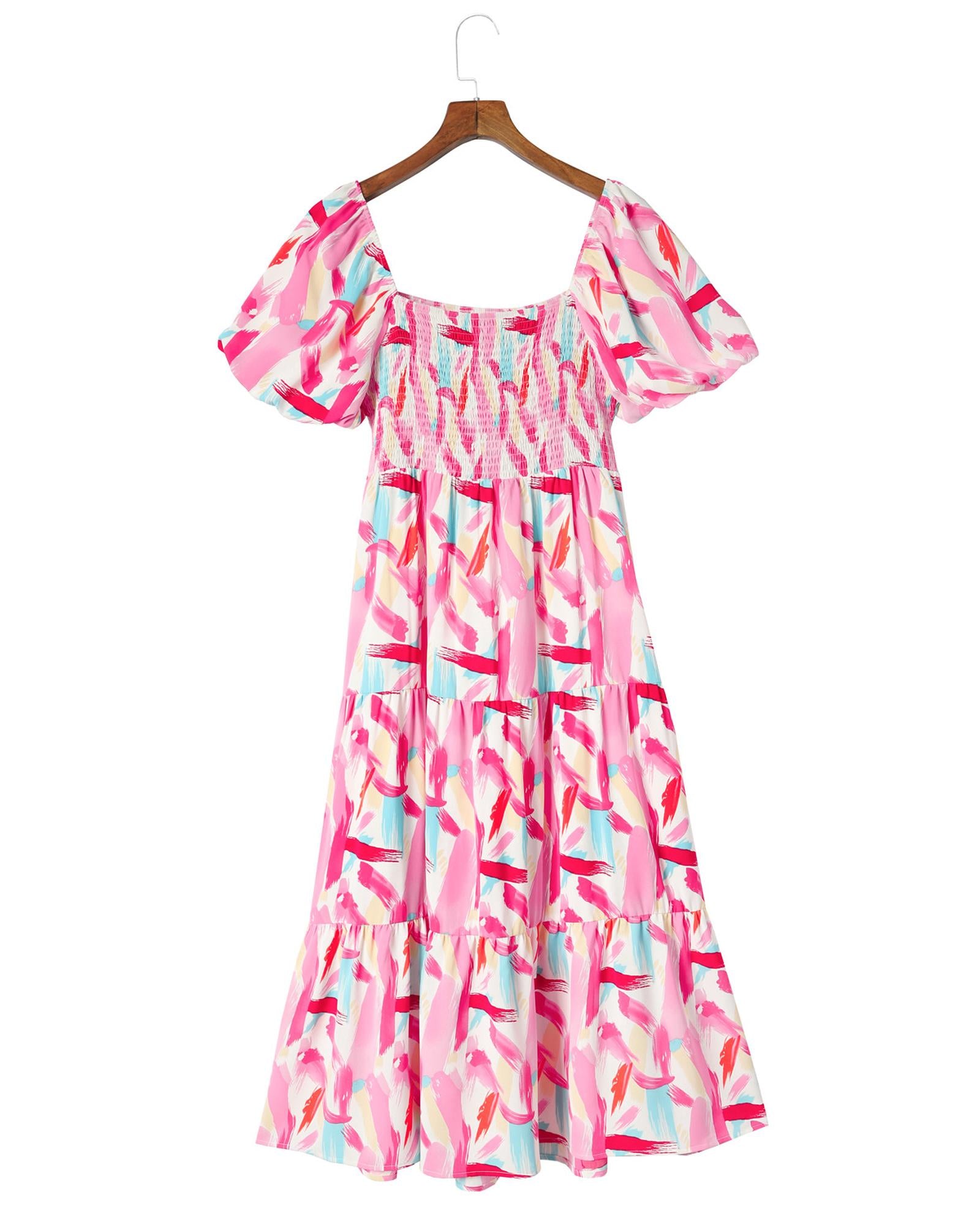 Pink Brush Stroke Printed Smocked Ruffle Tiered Dress - S 8