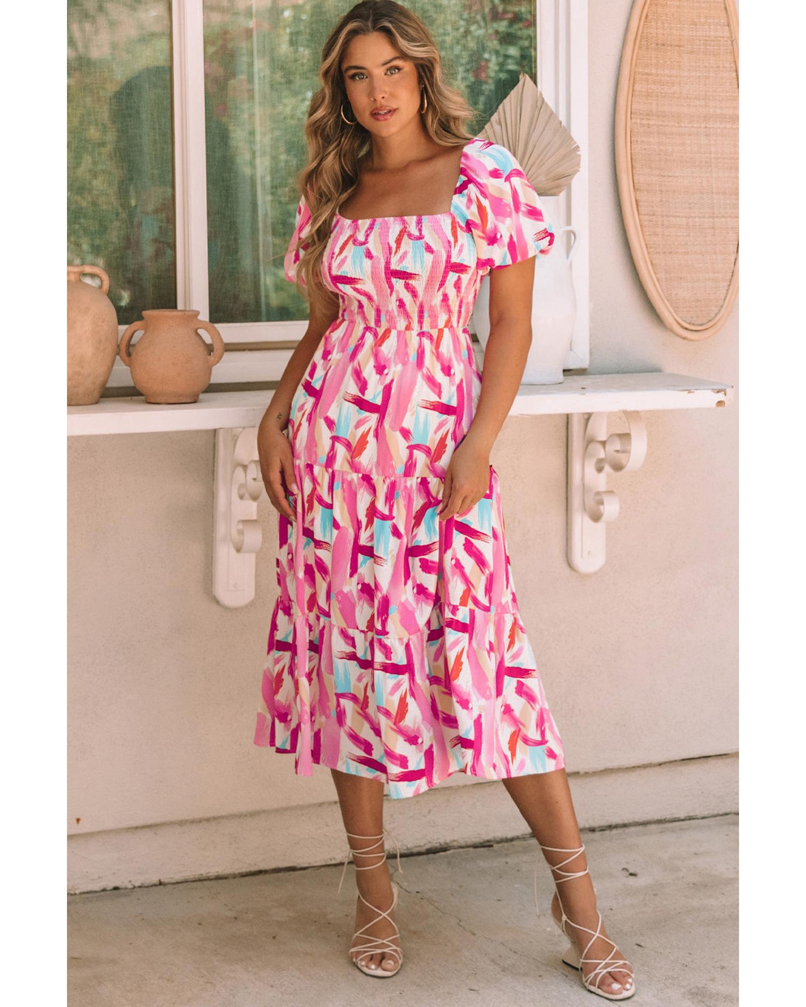 Pink Brush Stroke Printed Smocked Ruffle Tiered Dress - XL