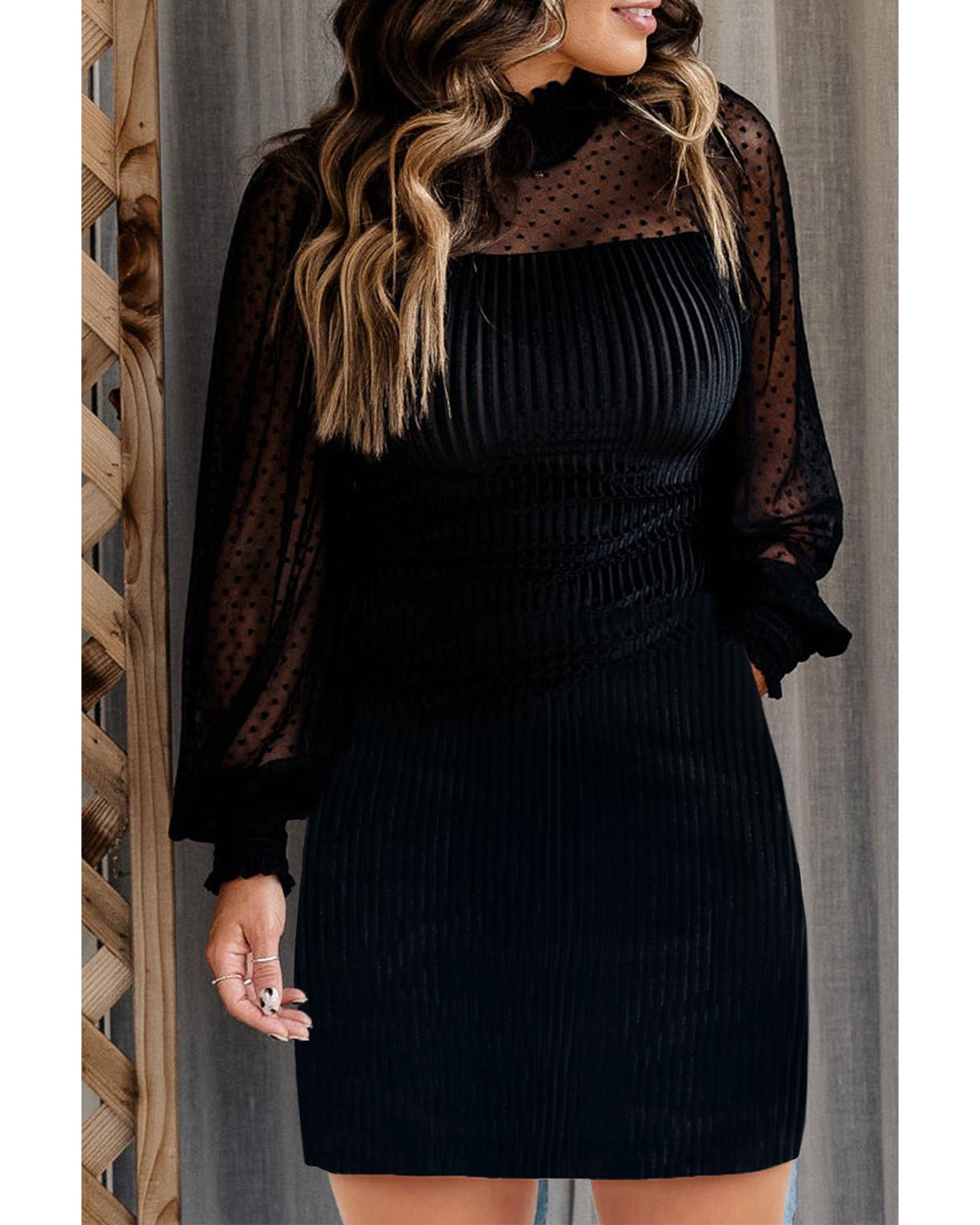 Black Dotted Mesh Striped Frilled Neck Bubble Sleeve Dress - XL 4