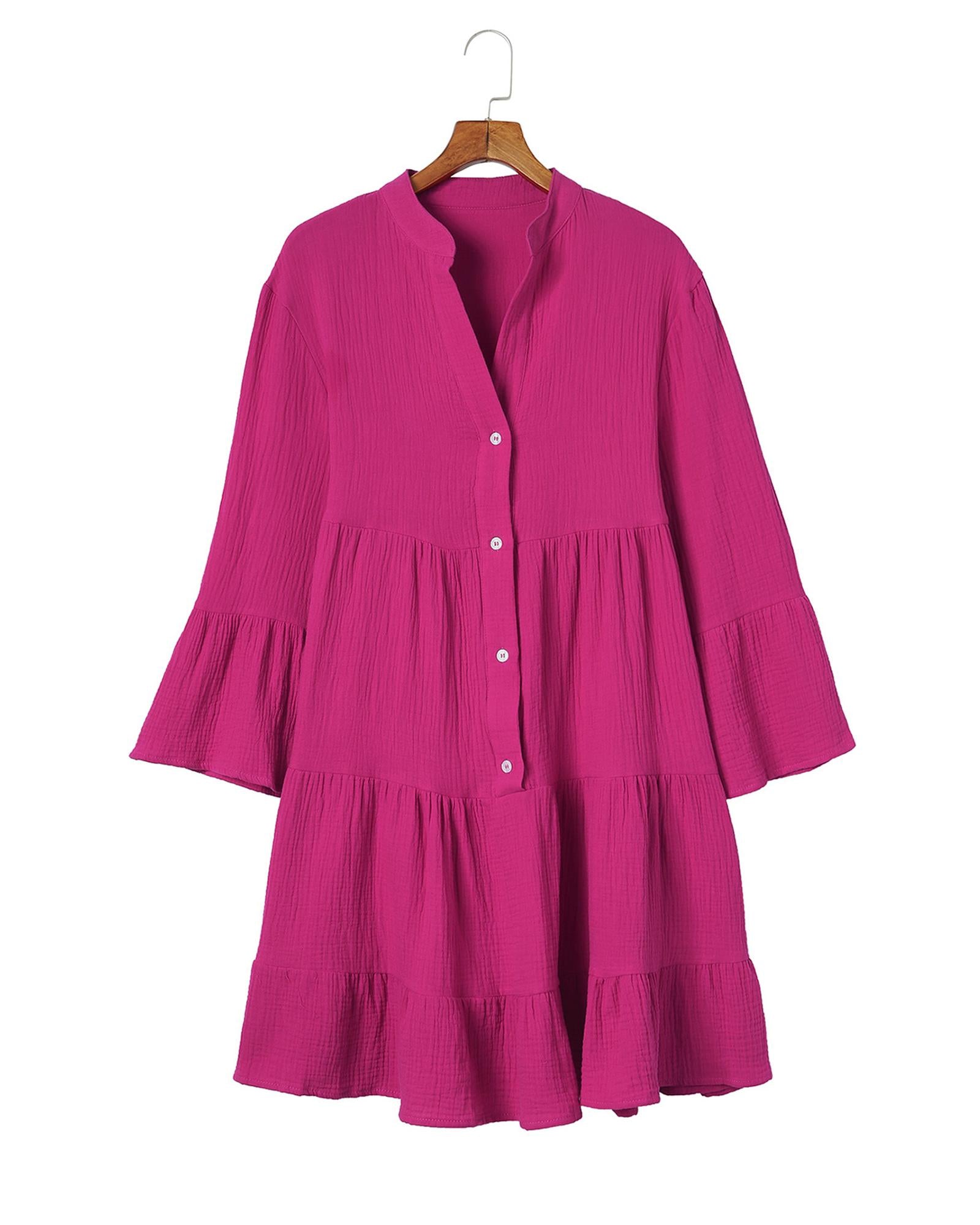 Rose Crinkled Tiered Split Neck Shirt Dress - L