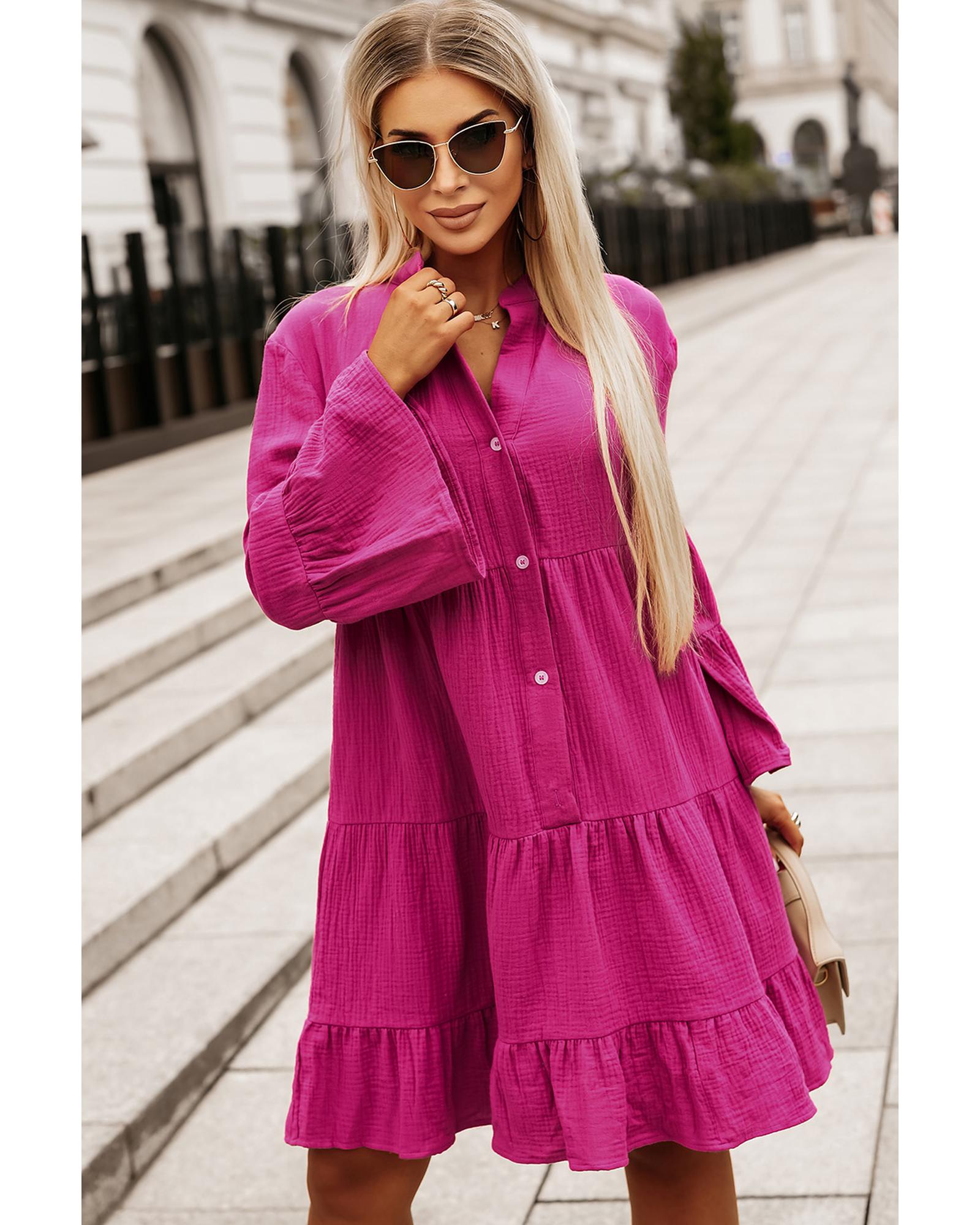 Rose Crinkled Tiered Split Neck Shirt Dress - L 8