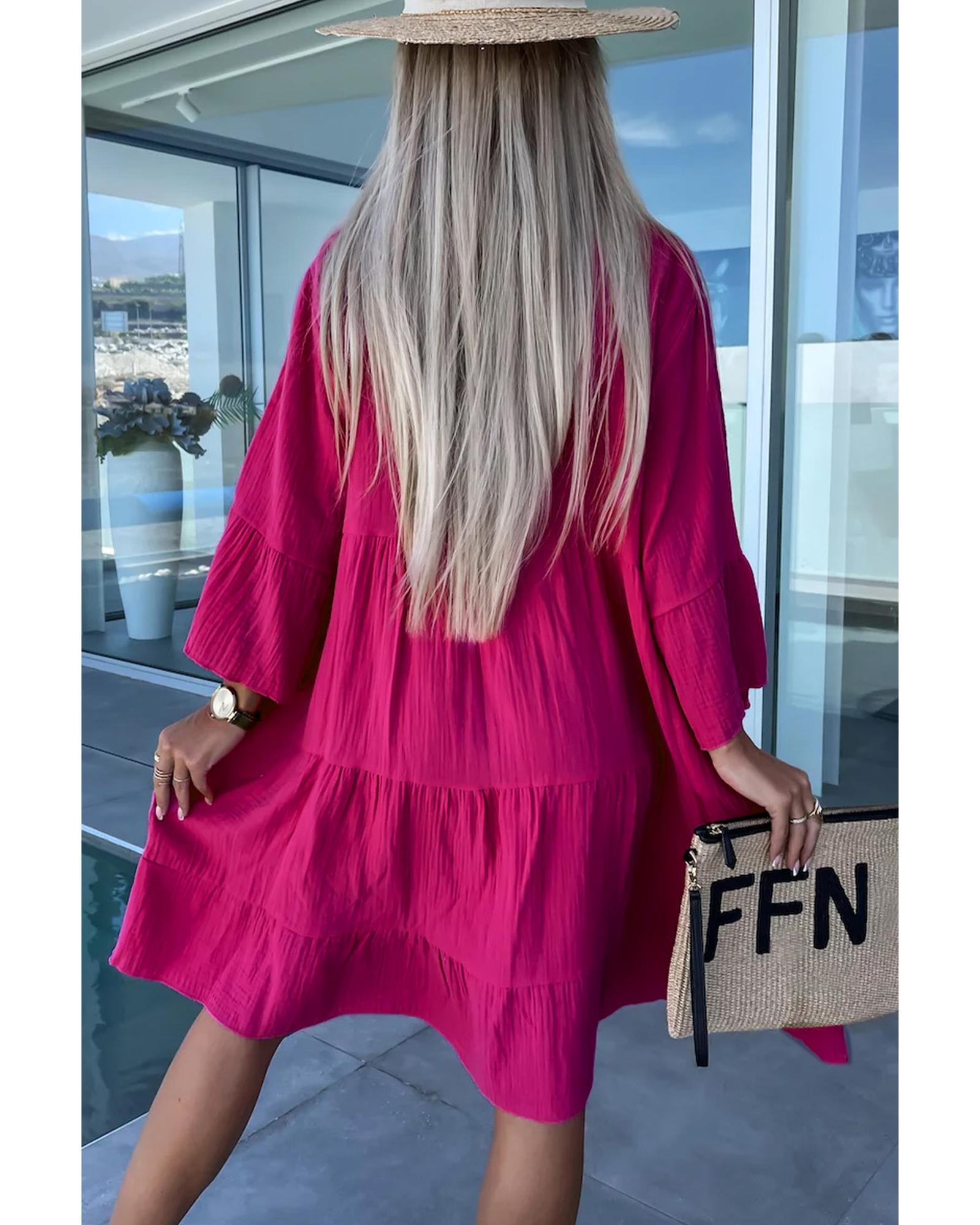 Rose Crinkled Tiered Split Neck Shirt Dress - S 3