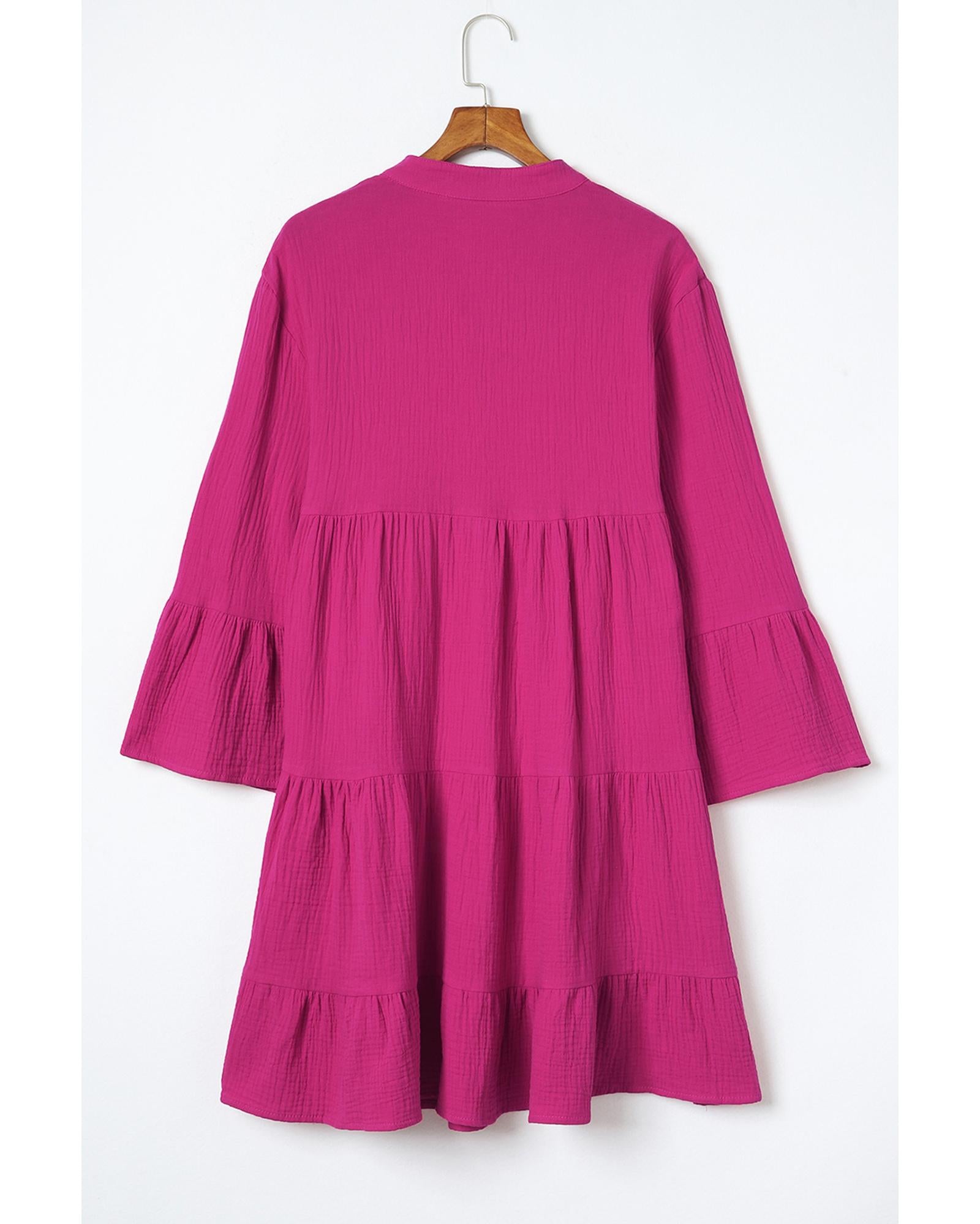 Rose Crinkled Tiered Split Neck Shirt Dress - S 8