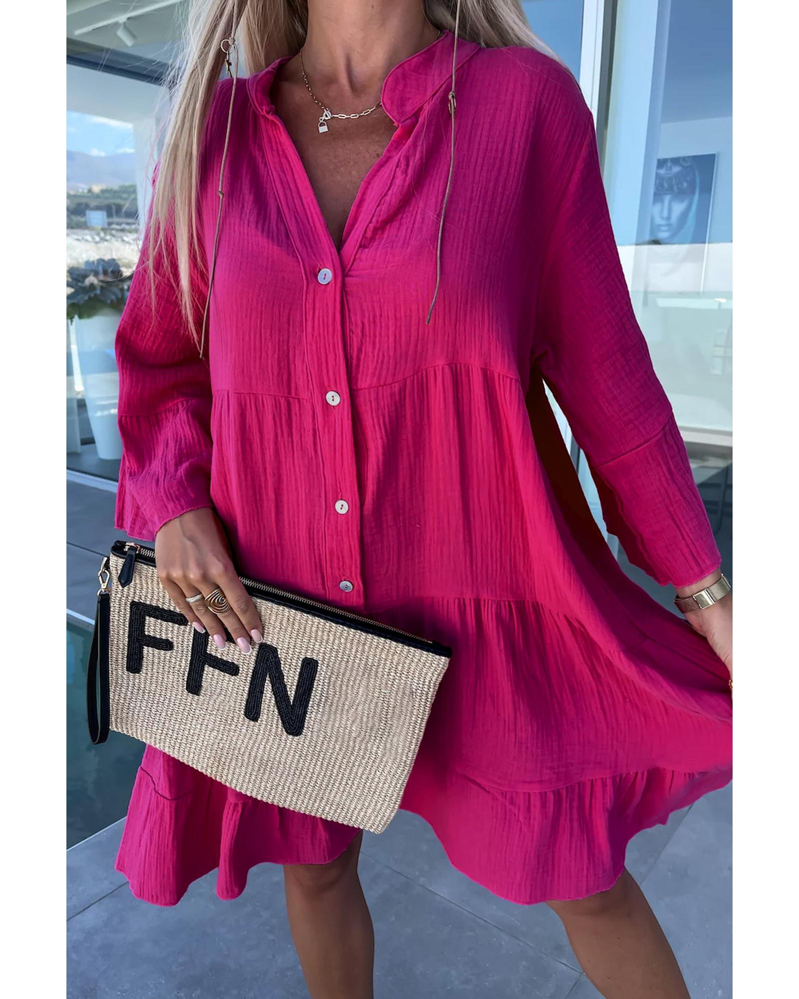 Rose Crinkled Tiered Split Neck Shirt Dress - XL 3