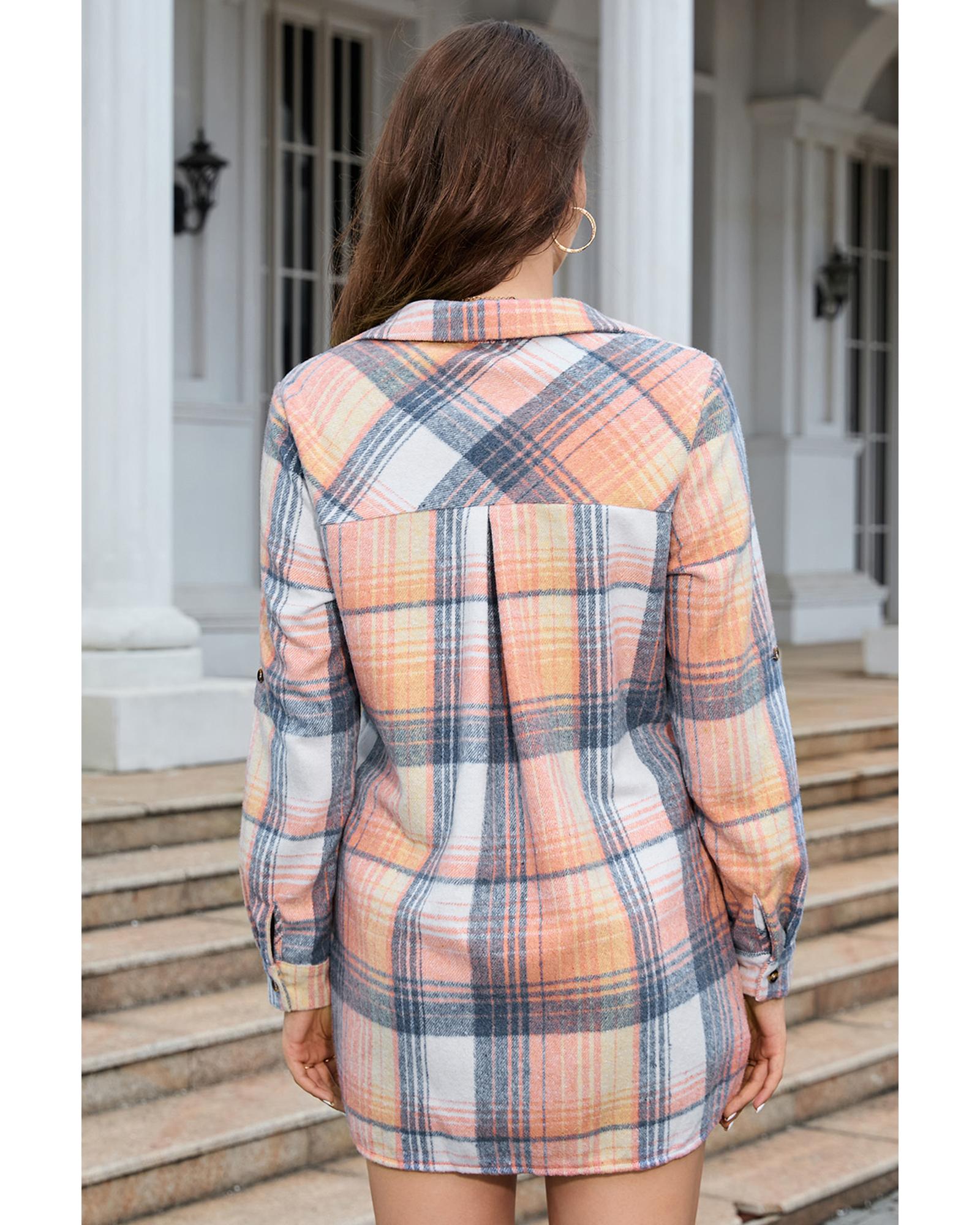 Azura Exchange Pink Plaid Roll-tab Sleeve Side Slit Shirt Dress - M