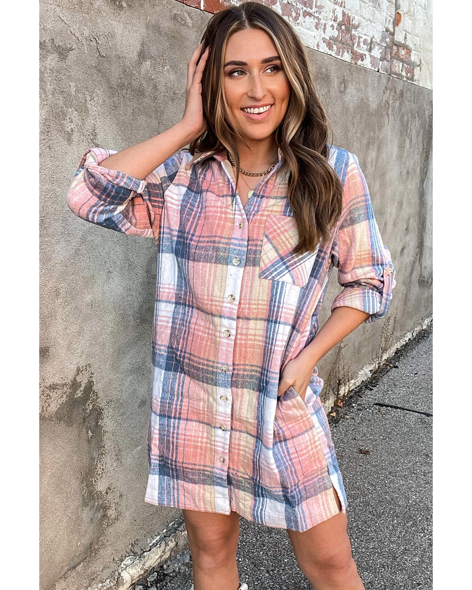 Azura Exchange Pink Plaid Roll-tab Sleeve Side Slit Shirt Dress - M