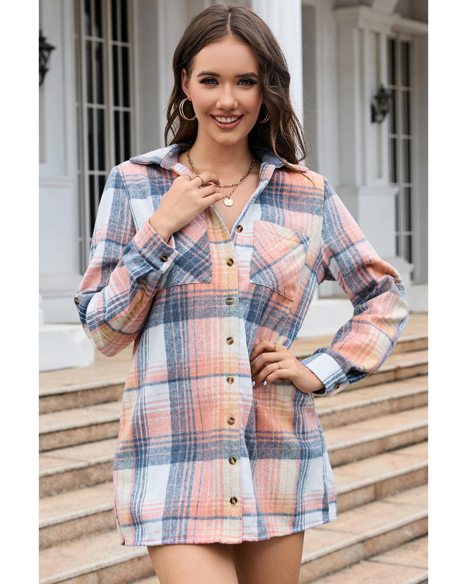 Azura Exchange Pink Plaid Roll-tab Sleeve Side Slit Shirt Dress - S 3