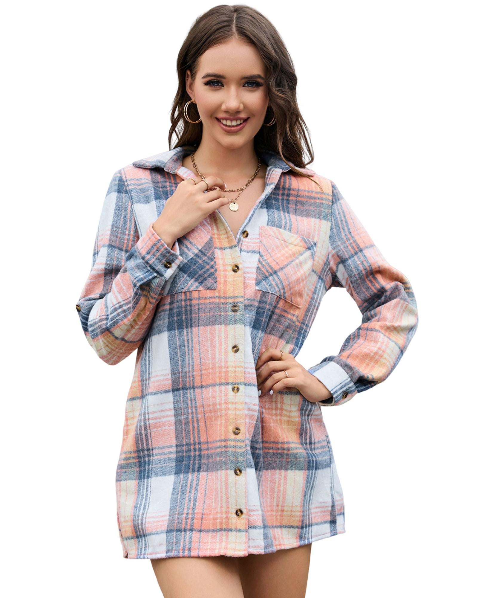 Azura Exchange Pink Plaid Roll-tab Sleeve Side Slit Shirt Dress - S 6